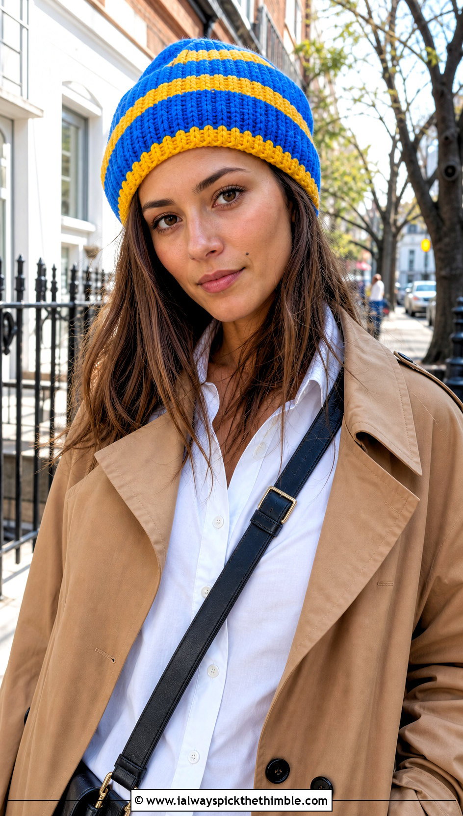 Striped Crochet Banana Beanie With Trench Coat - 20 crochet banana hat outfit ideas
