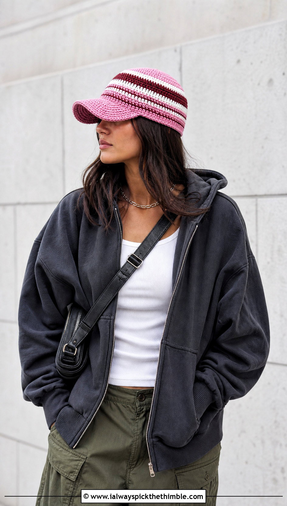 Striped Crochet Baseball Cap With Hoodie And Cargo Pants - 15 crochet baseball cap for adults outfit ideas
