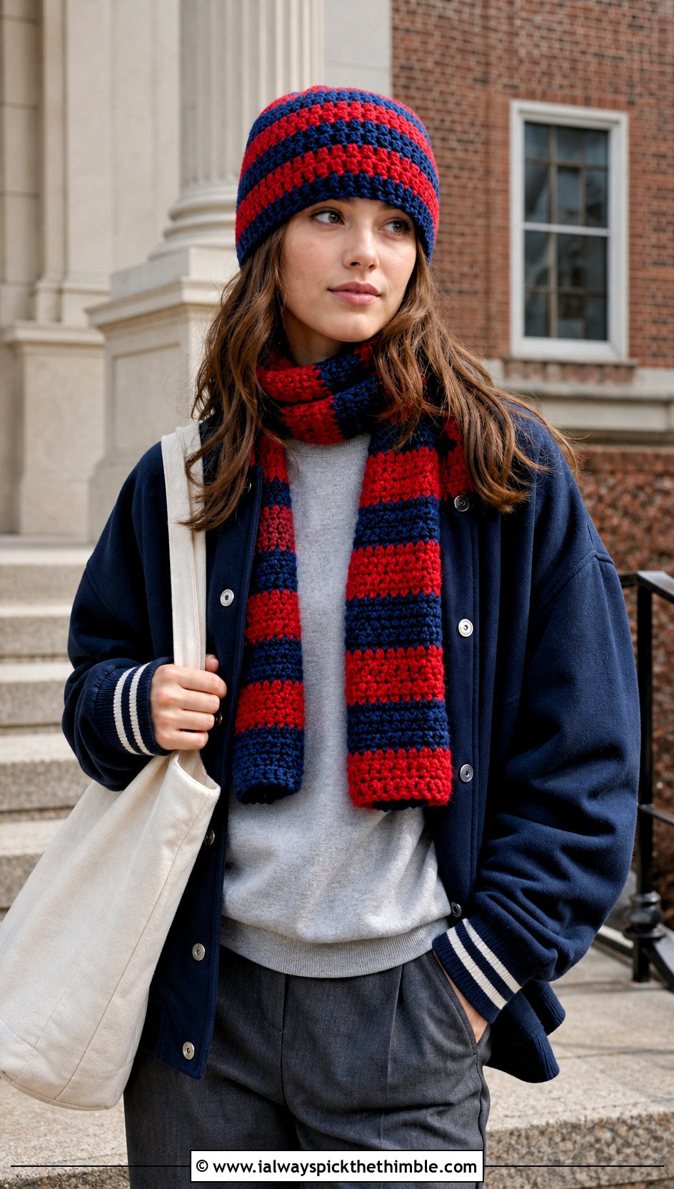 Striped Crochet Beanie And Scarf Set With Varsity Jacket - 20 crochet beanie and scarf set outfit ideas