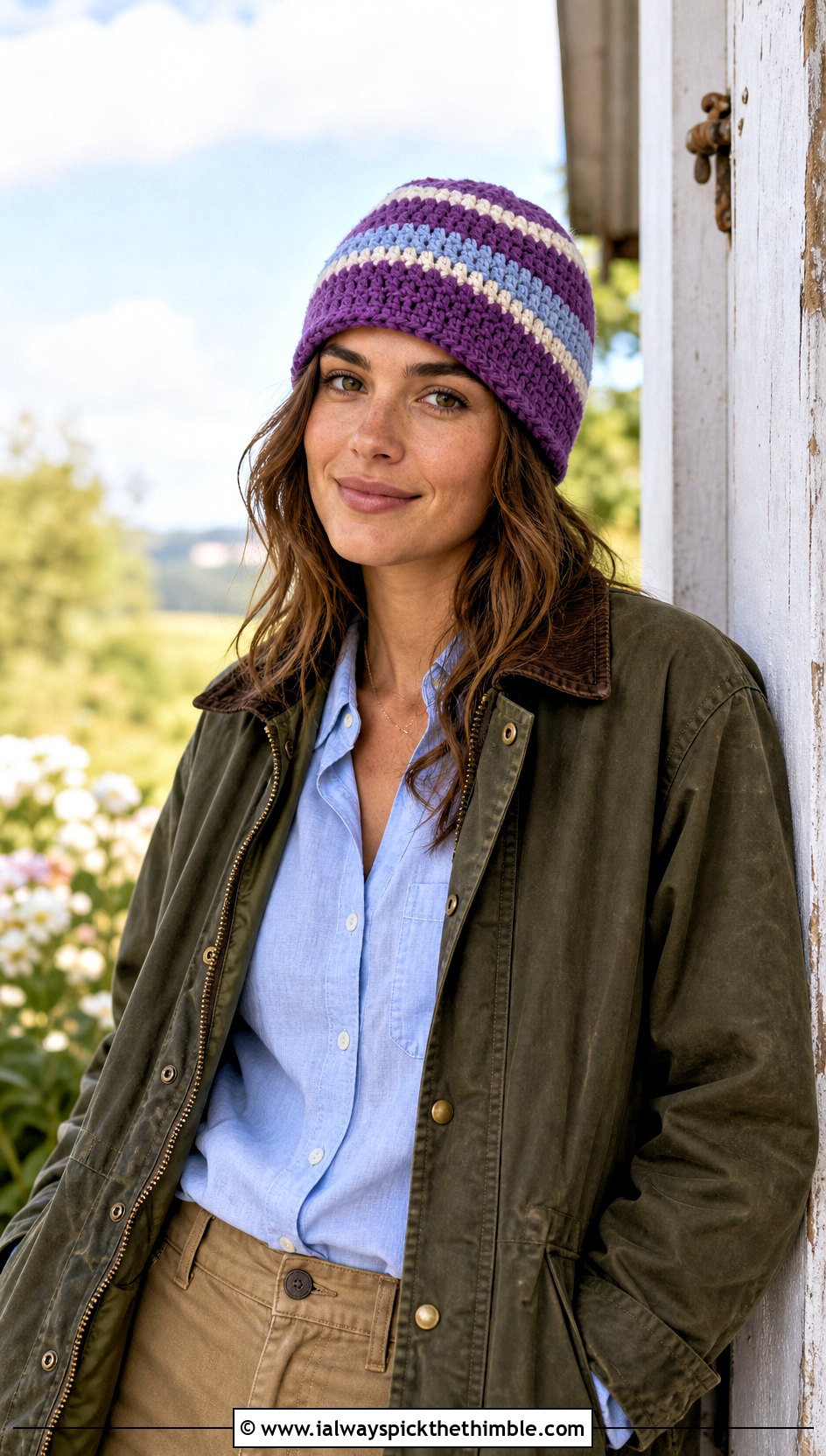 Striped Crochet Beanie With Barn Jacket And Chinos - 15 Easy Crochet Beanies For Beginners outfit ideas