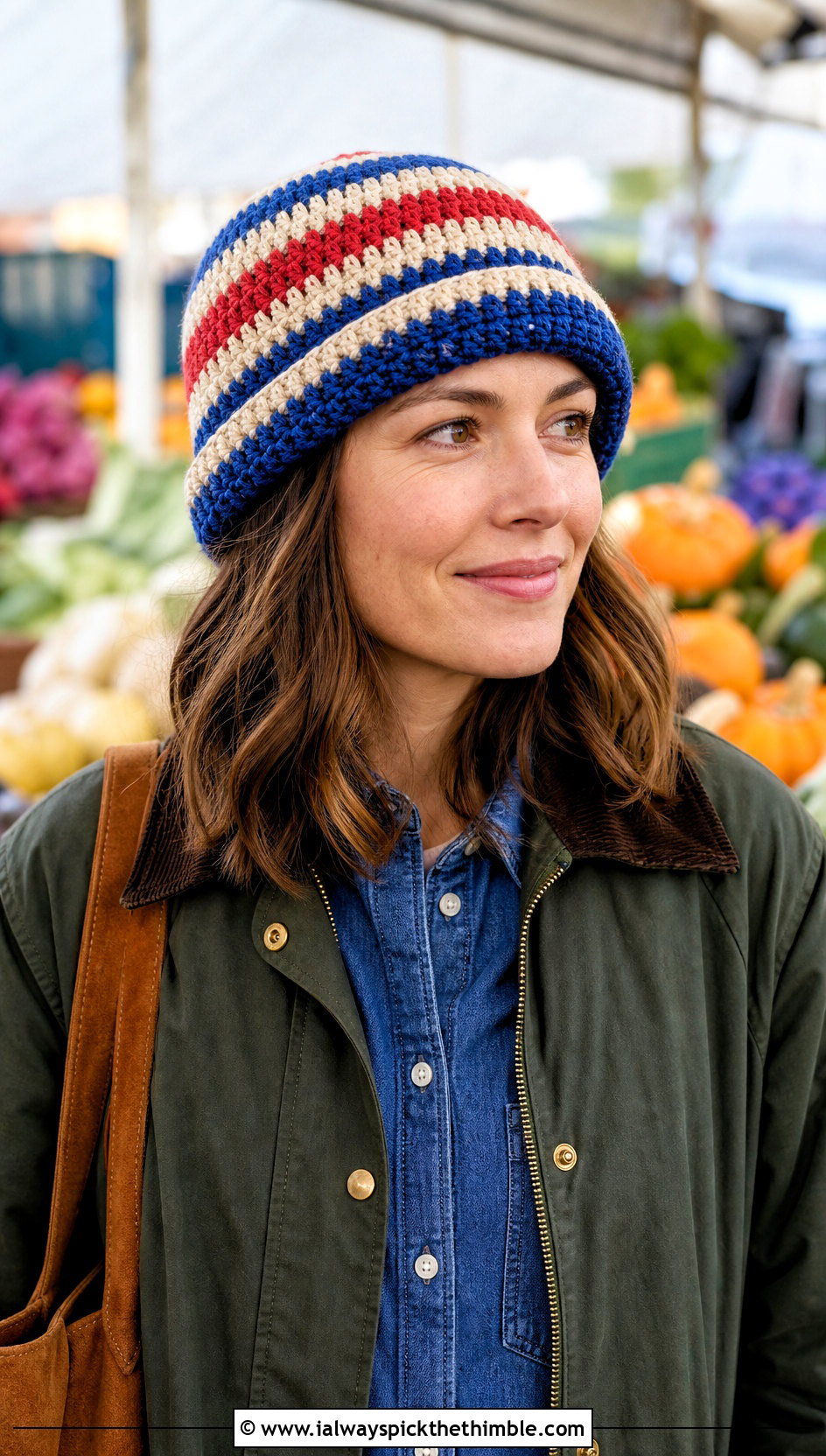 Striped Crochet Beanie With Barn Jacket - 20 easy simple crochet hats for beginners outfit ideas