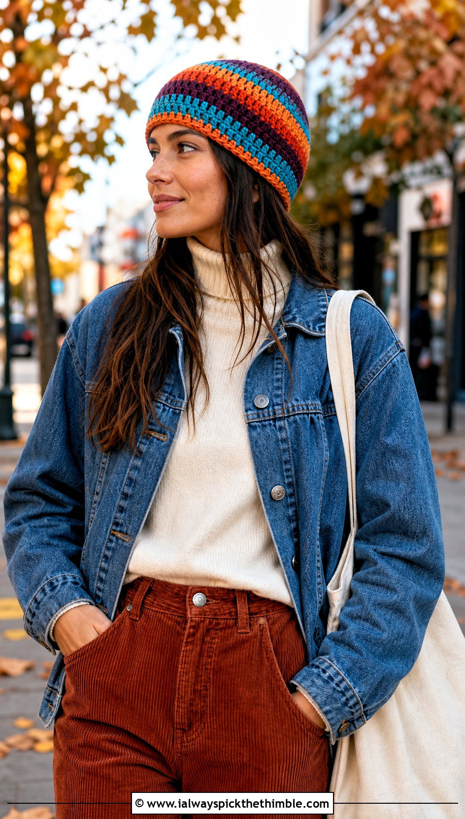 Striped Crochet Beanie With Denim Jacket And Corduroy Pants - 25 crochet beanies outfit ideas