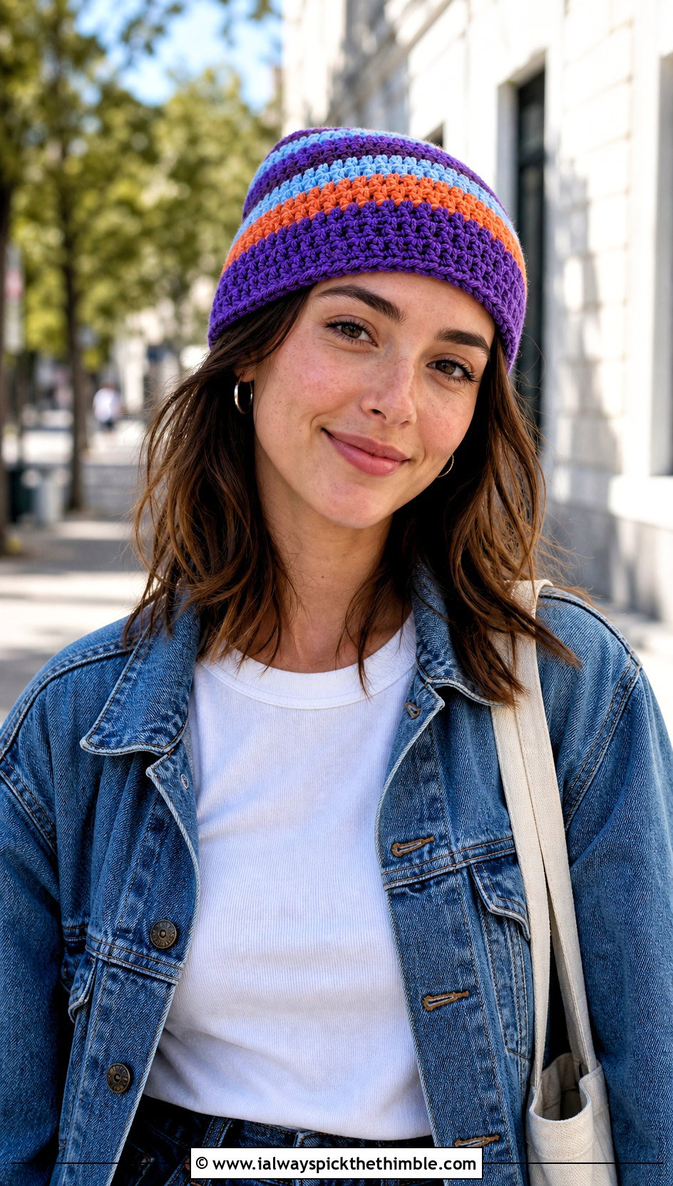 Striped Crochet Beanie With Denim Jacket And Jeans - 20 classic crochet beanie outfit ideas