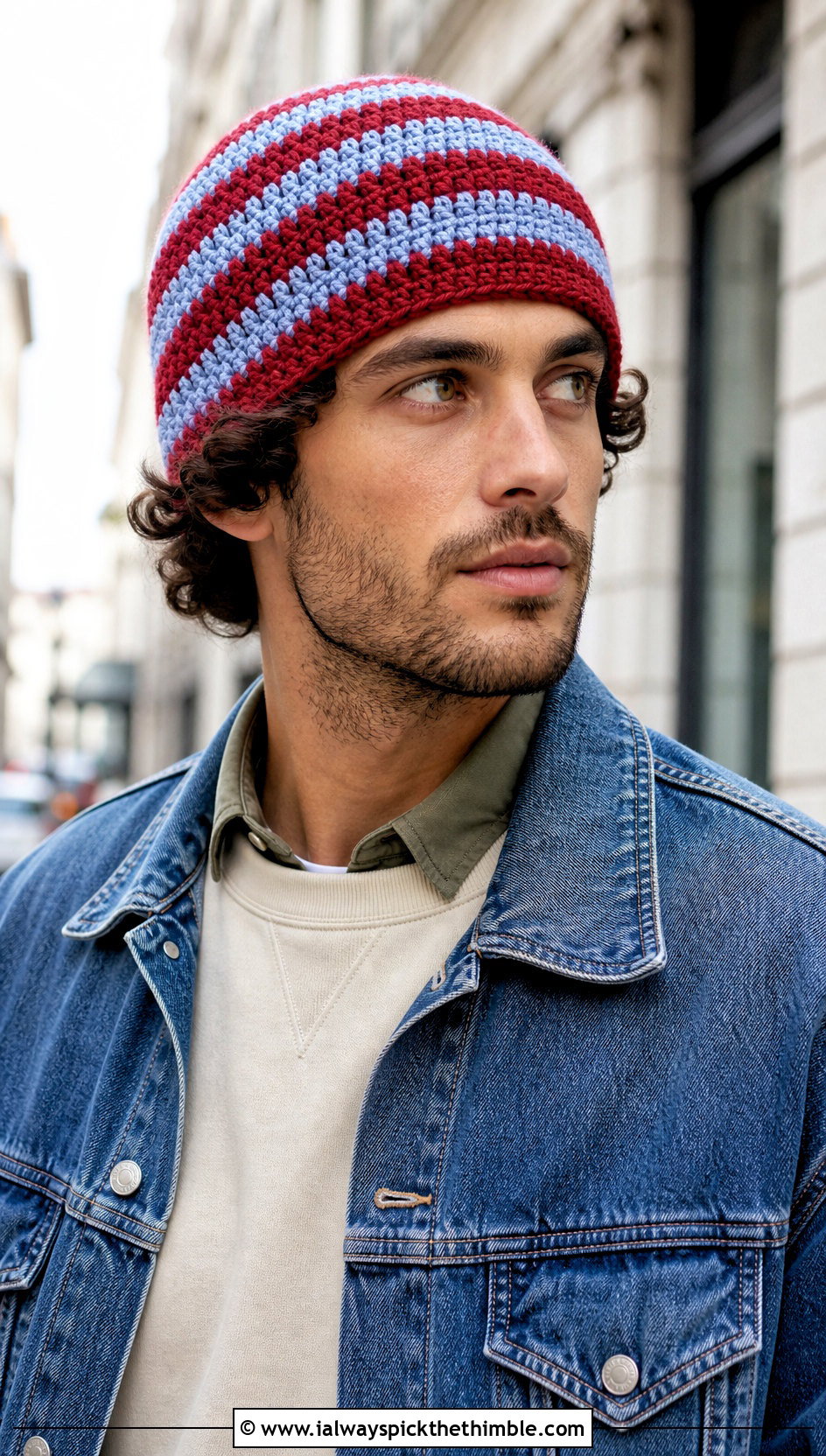 Striped Crochet Beanie With Denim Jacket - 25 mens crochet hats outfit ideas