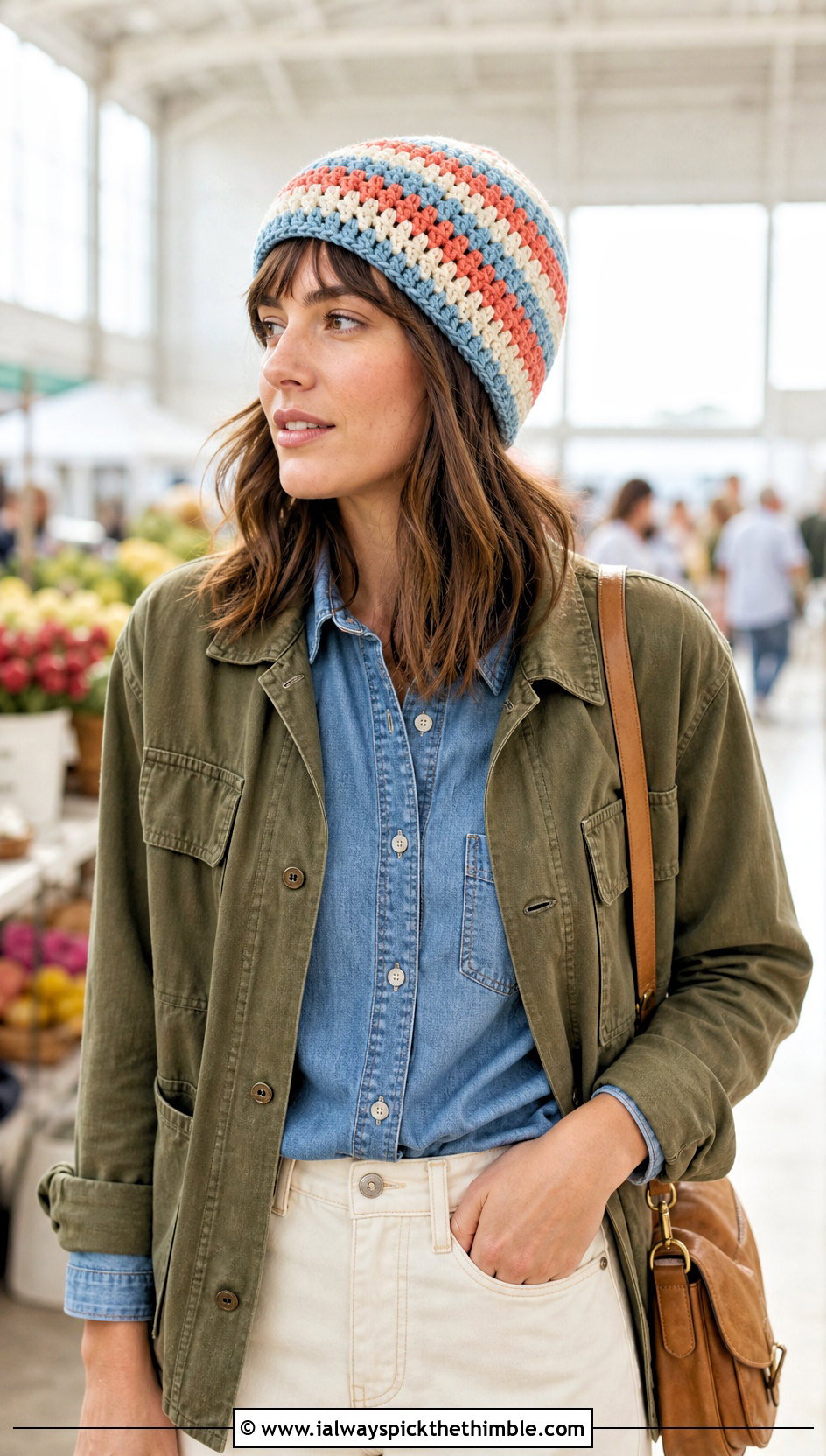 Striped Crochet Beanie With Denim Shirt And Chore Jacket - 20 Fast Crochet Beanie outfit ideas