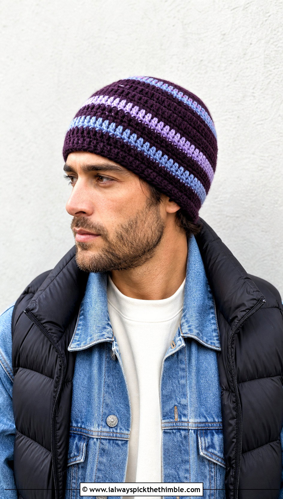 Striped Crochet Beanie With Double Denim Outfit - 20 Crochet Mens Winter Hat outfit ideas