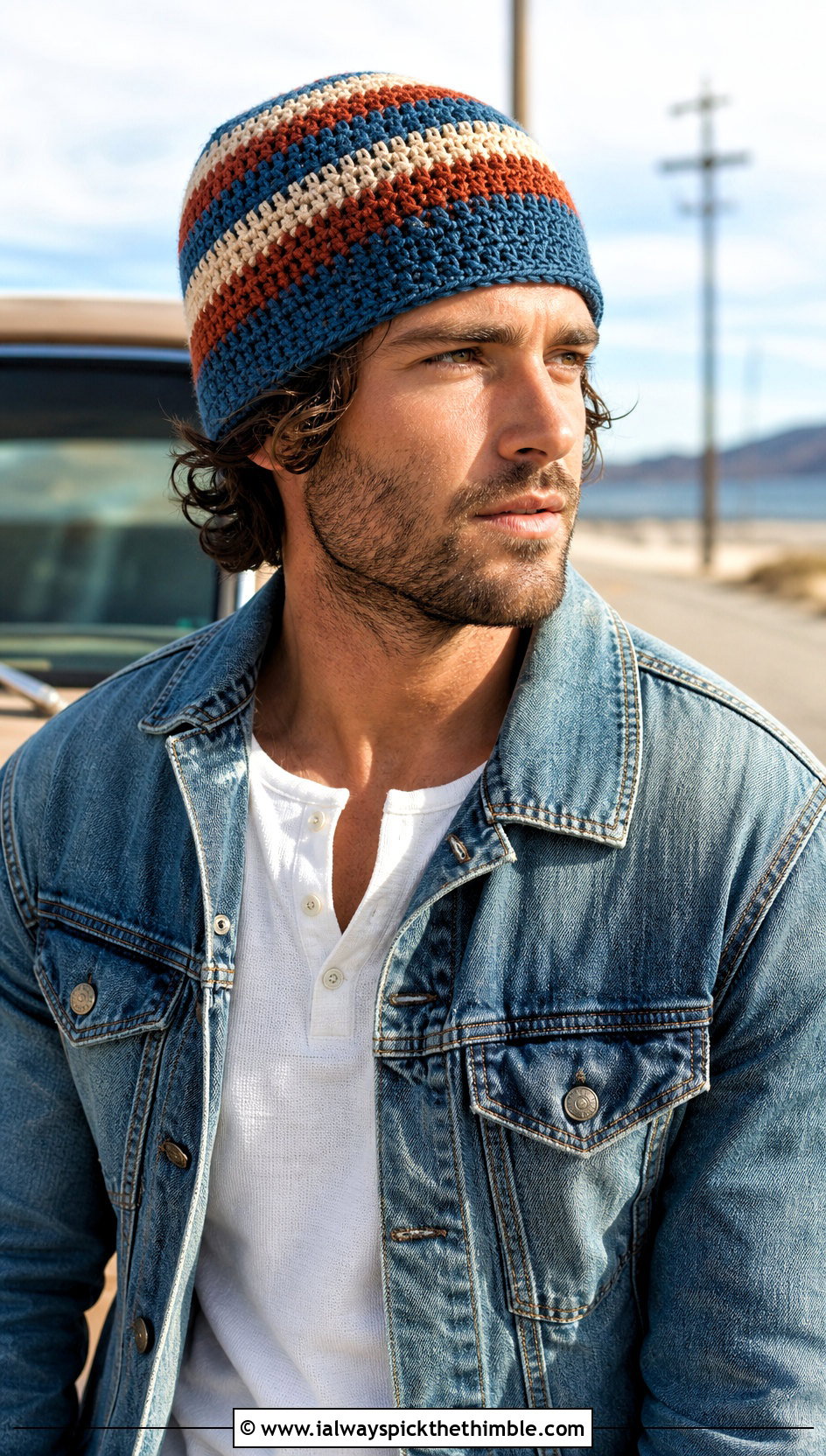 Striped Crochet Beanie With Double Denim Outfit - 20 crochet hat ideas for men