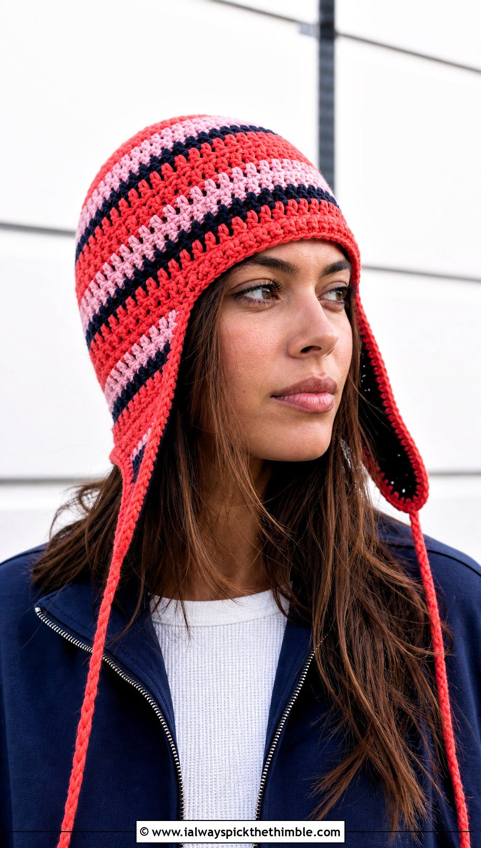 Striped Crochet Beanie With Earflaps And Track Jacket - 15 Crochet Beanie With Earflaps outfit ideas