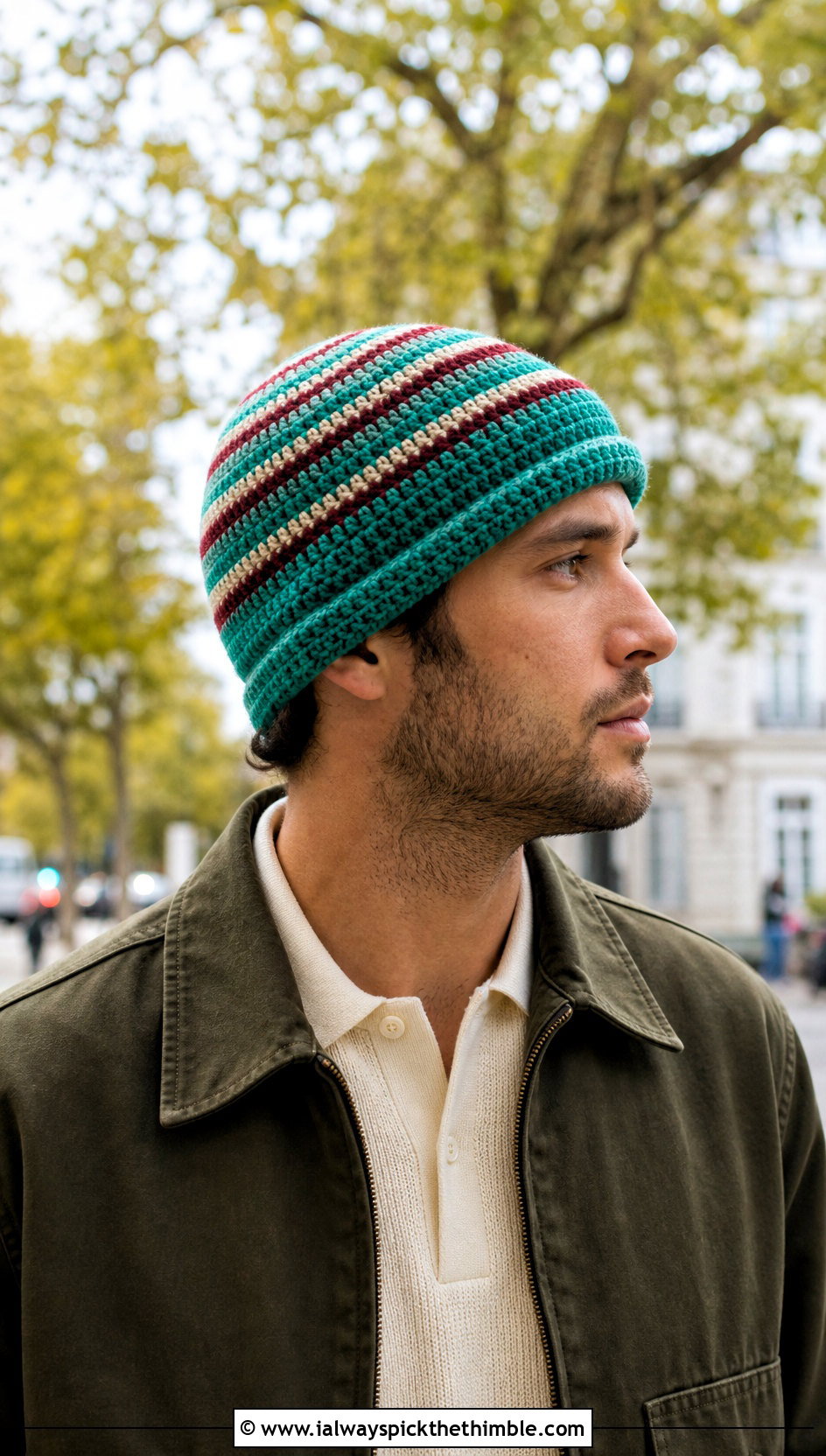 Striped Crochet Beanie With Harrington Jacket - 25 crochet beanie for men outfit ideas
