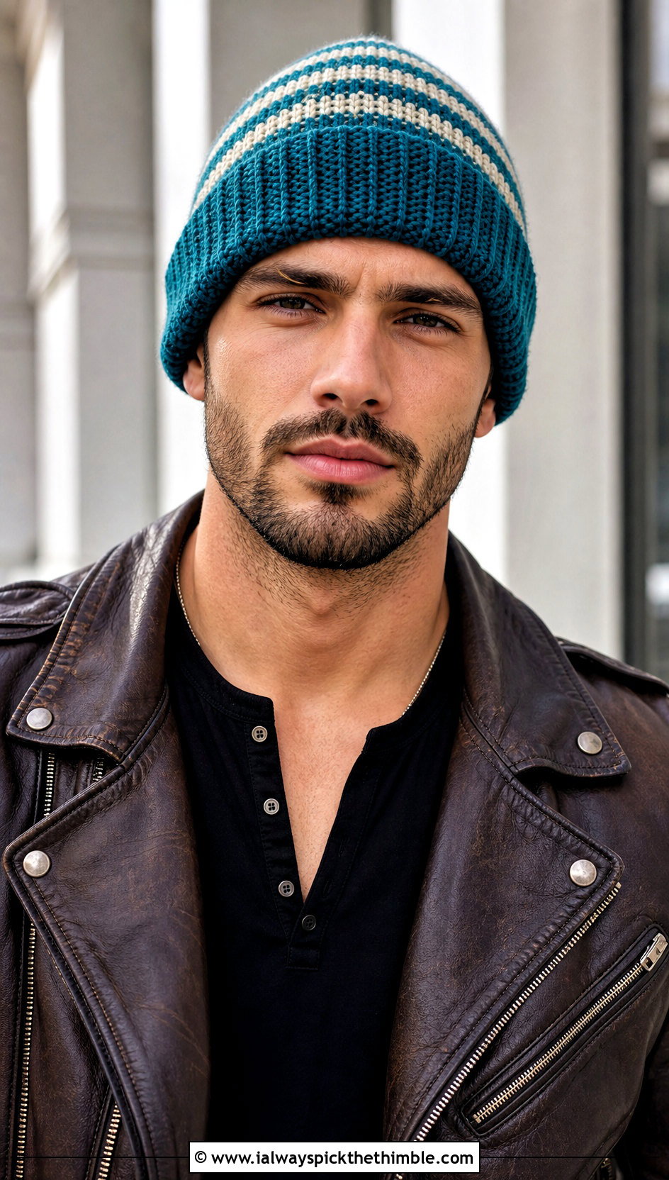 Striped Crochet Beanie With Leather Jacket - 20 easy crochet beanie for men outfit ideas