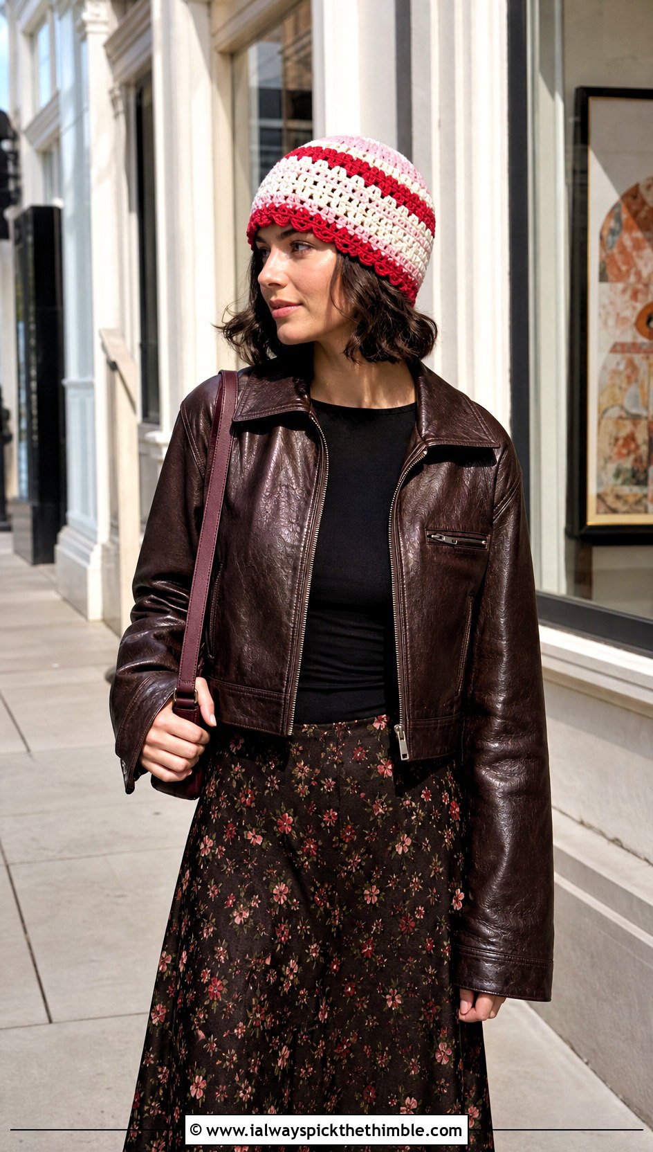 Striped Crochet Beanie With Leather Jacket And Floral Skirt - 20 country cottage crochet beanie outfit ideas