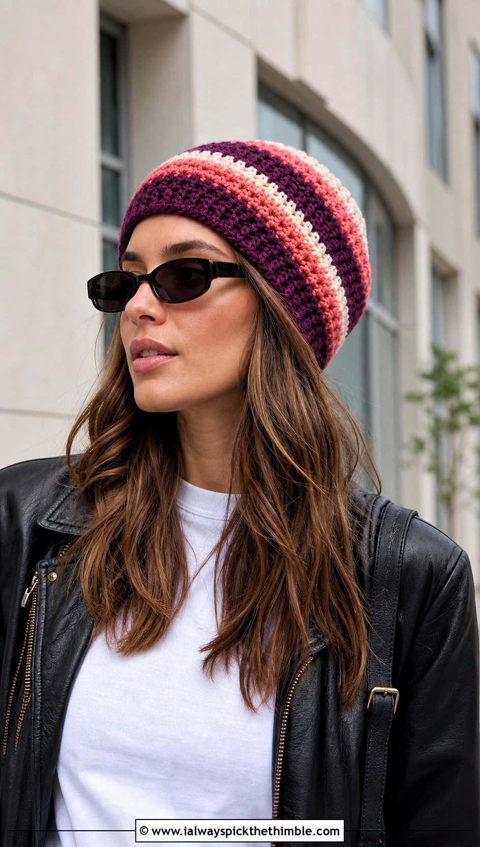 Striped Crochet Beanie With Leather Jacket - 20 crochet hat for beginners outfit ideas