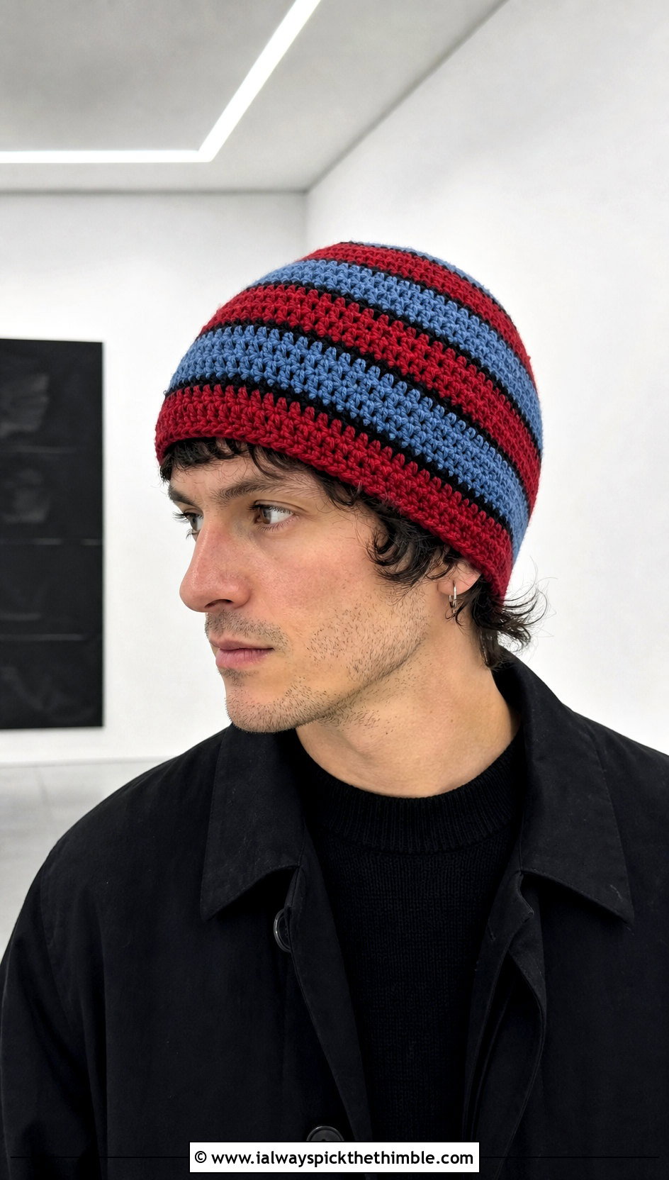 Striped Crochet Beanie With Monochrome Outfit - 20 Easy Mens Crochet Beanie outfit ideas
