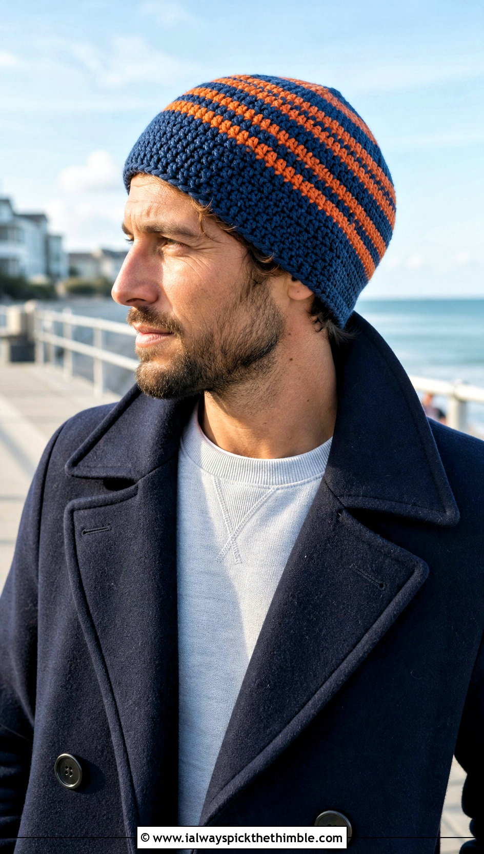 Striped Crochet Beanie With Peacoat - 25 men's crochet beanie outfit ideas