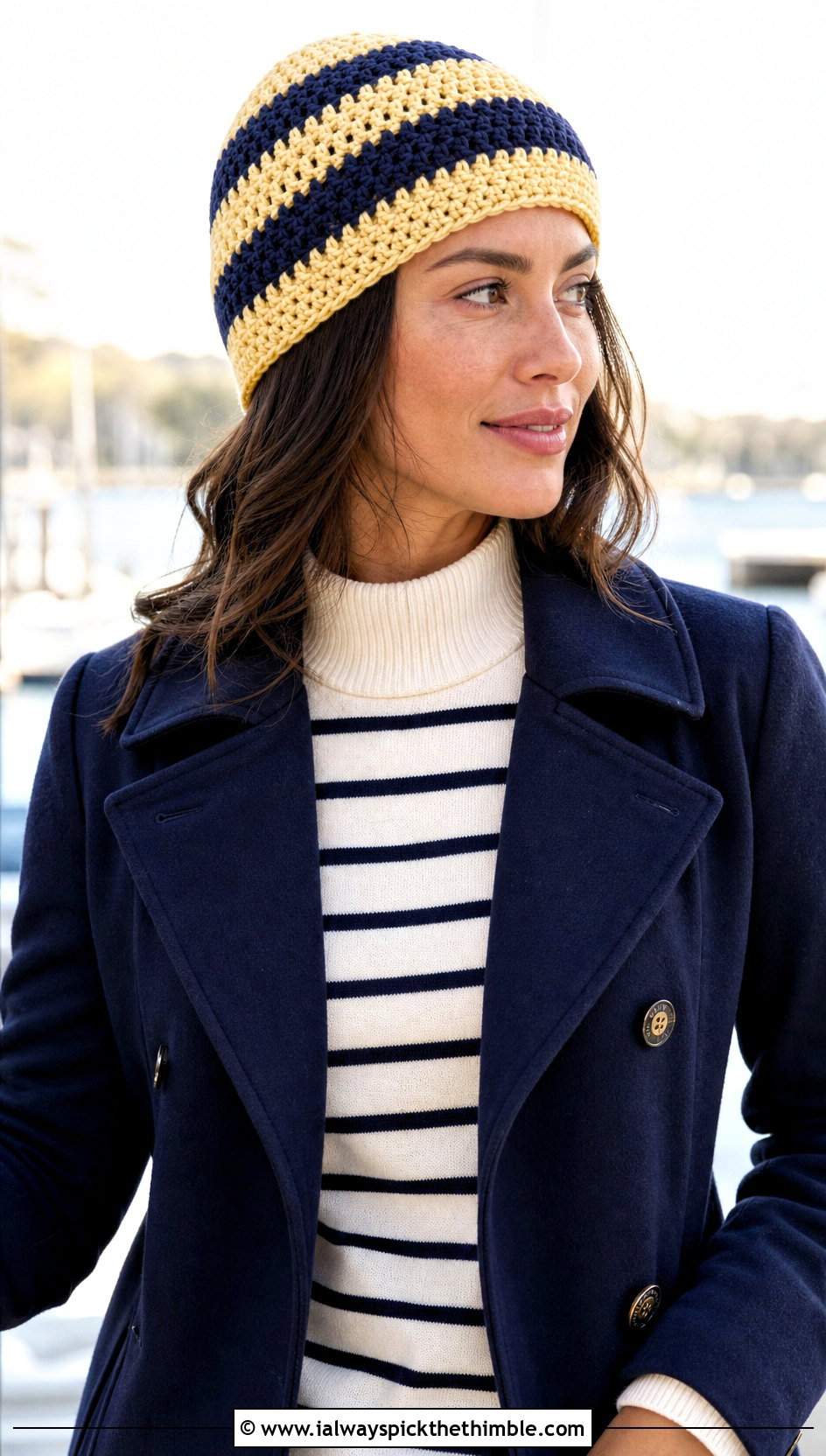 Striped Crochet Beanie With Peacoat And Trousers - 20 crochet fall beanie outfit ideas