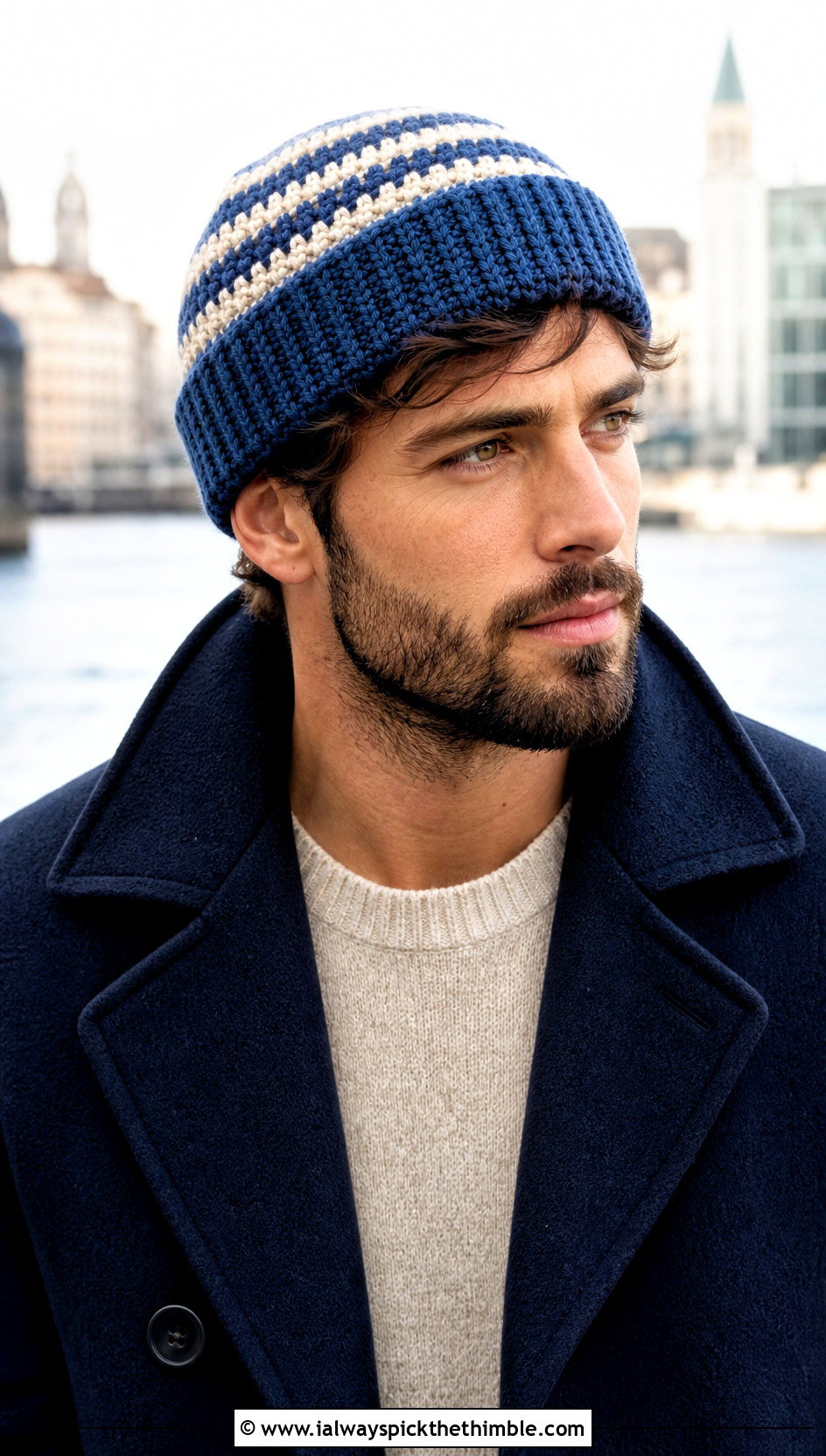 Striped Crochet Beanie With Peacoat - 15 men's crochet beanies outfit ideas
