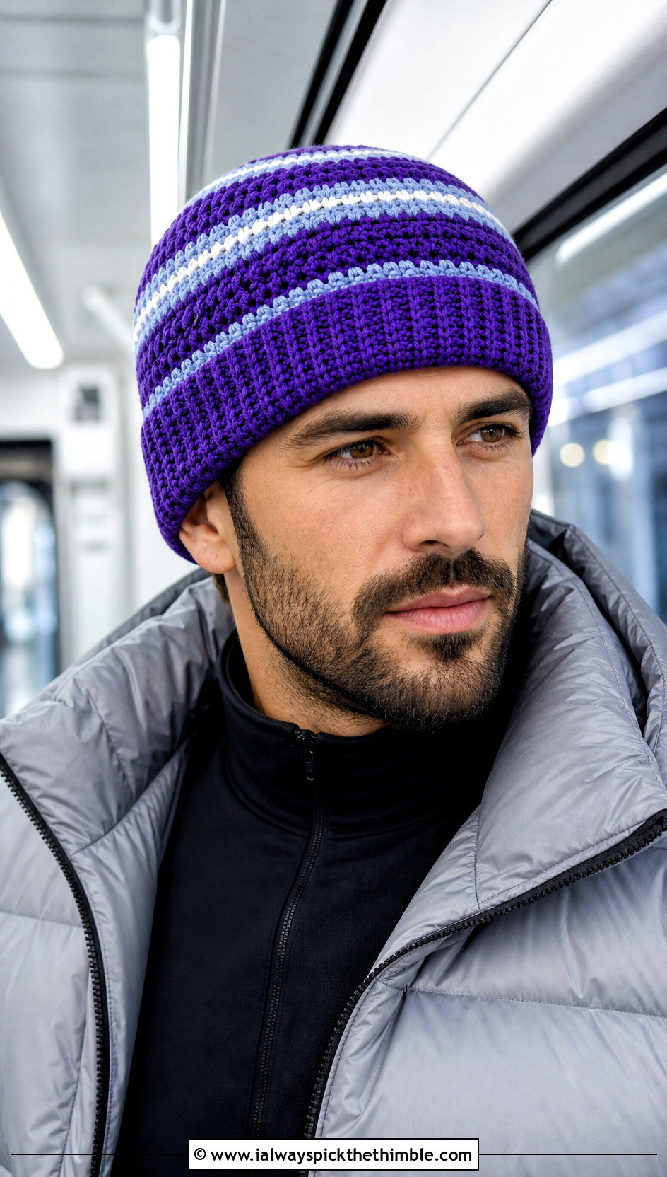 Striped Crochet Beanie With Puffer Jacket - 20 mens crochet hats men's beanie outfit ideas