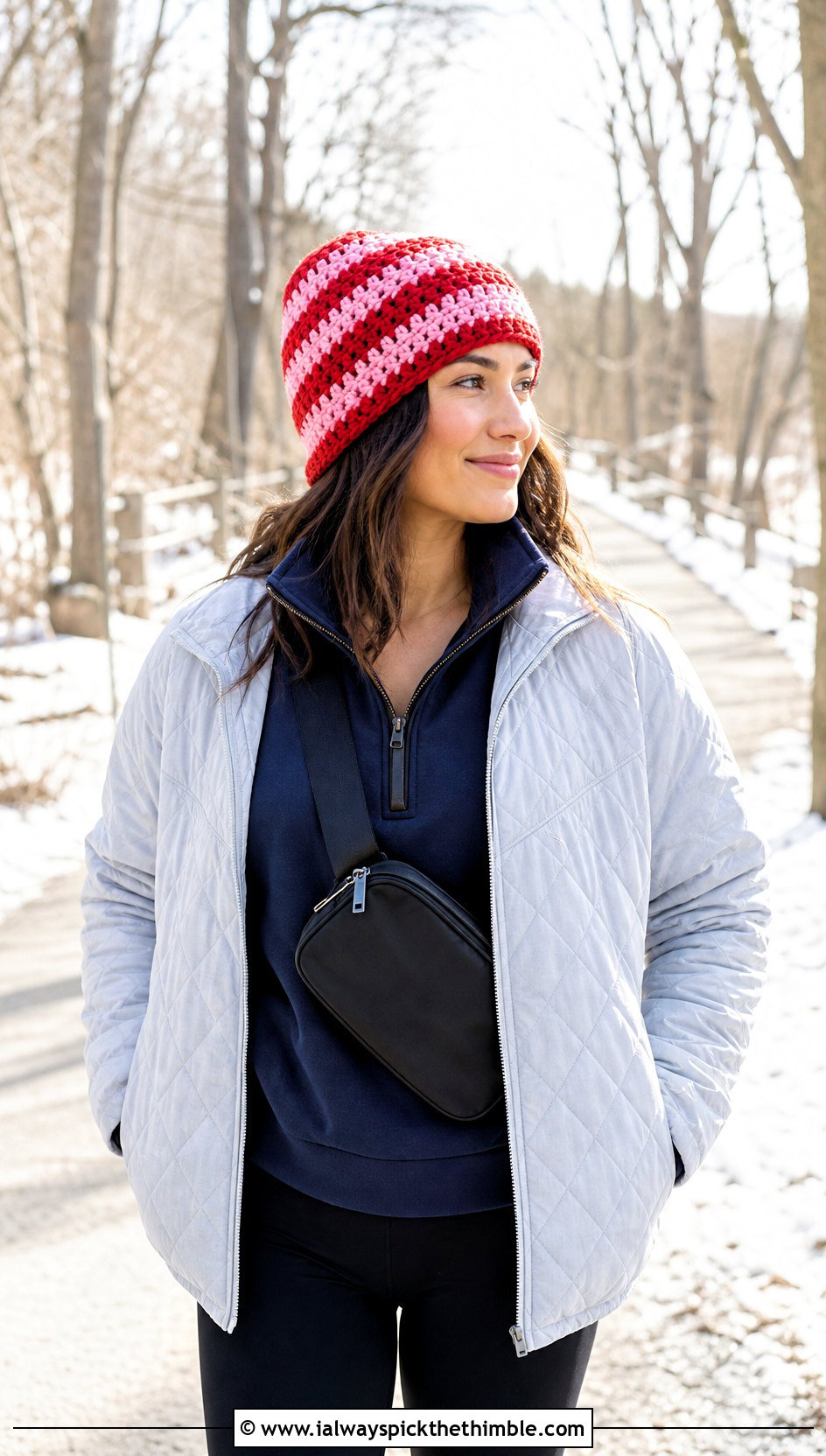 Striped Crochet Beanie With Quilted Coat And Leggings - 20 easy crochet winter hat outfit ideas