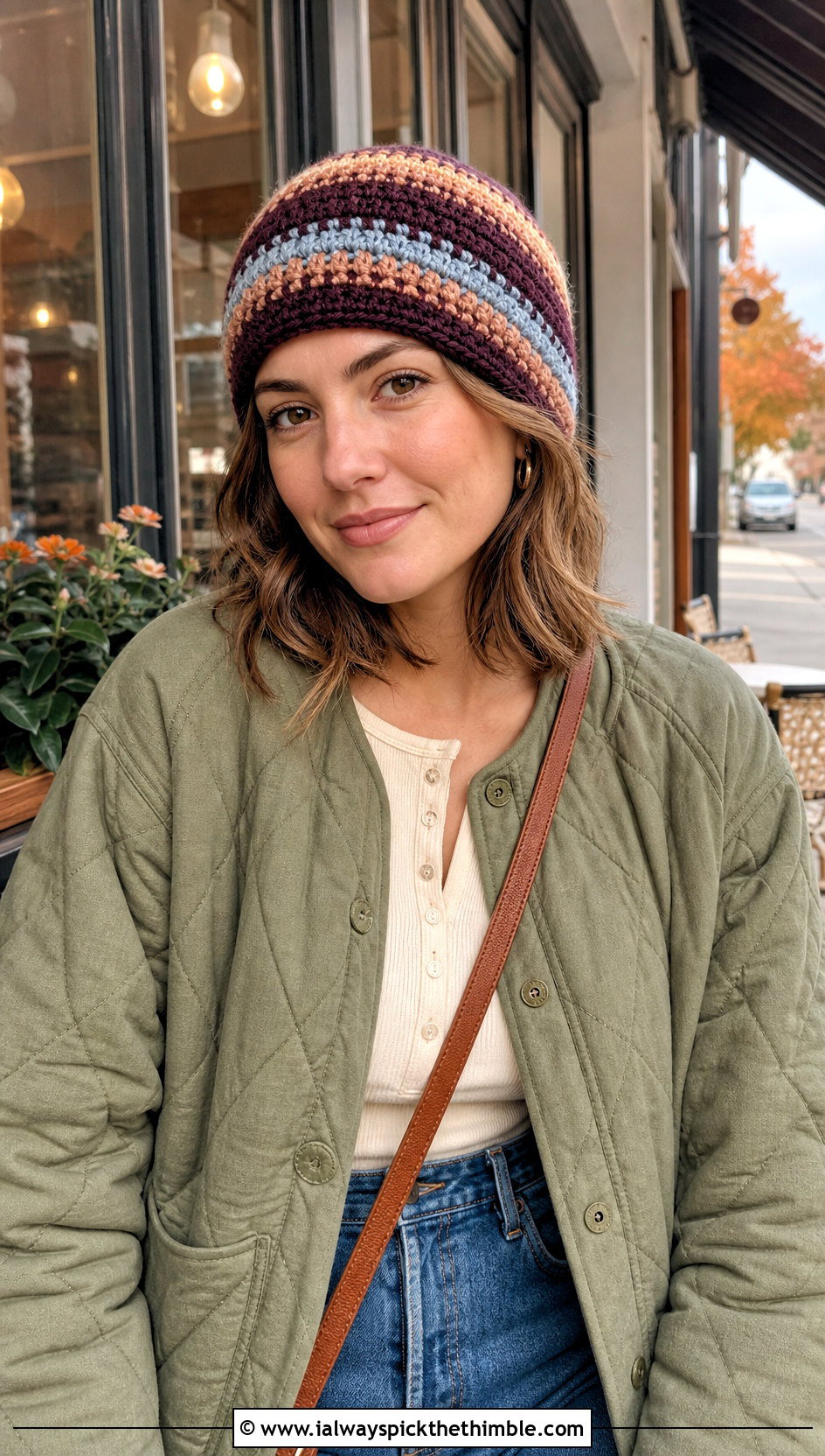 Striped Crochet Beanie With Quilted Jacket - 20 Fall Crochet Beanie outfit ideas