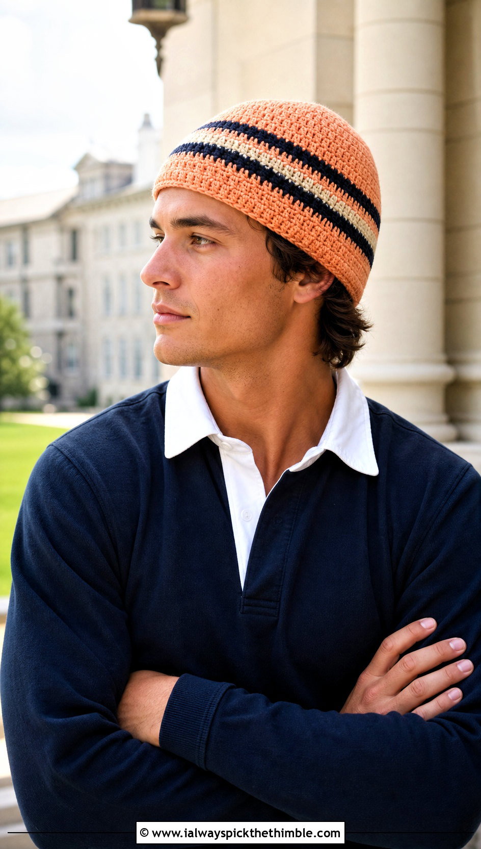 Striped Crochet Beanie With Rugby Shirt - 20 crochet man beanie outfit ideas