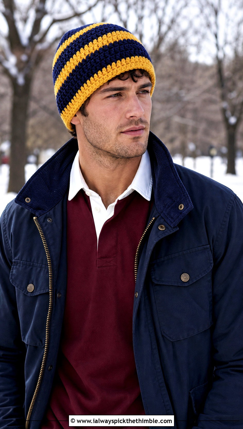 Striped Crochet Beanie With Rugby Shirt - 20 mens winter crochet hats outfit ideas