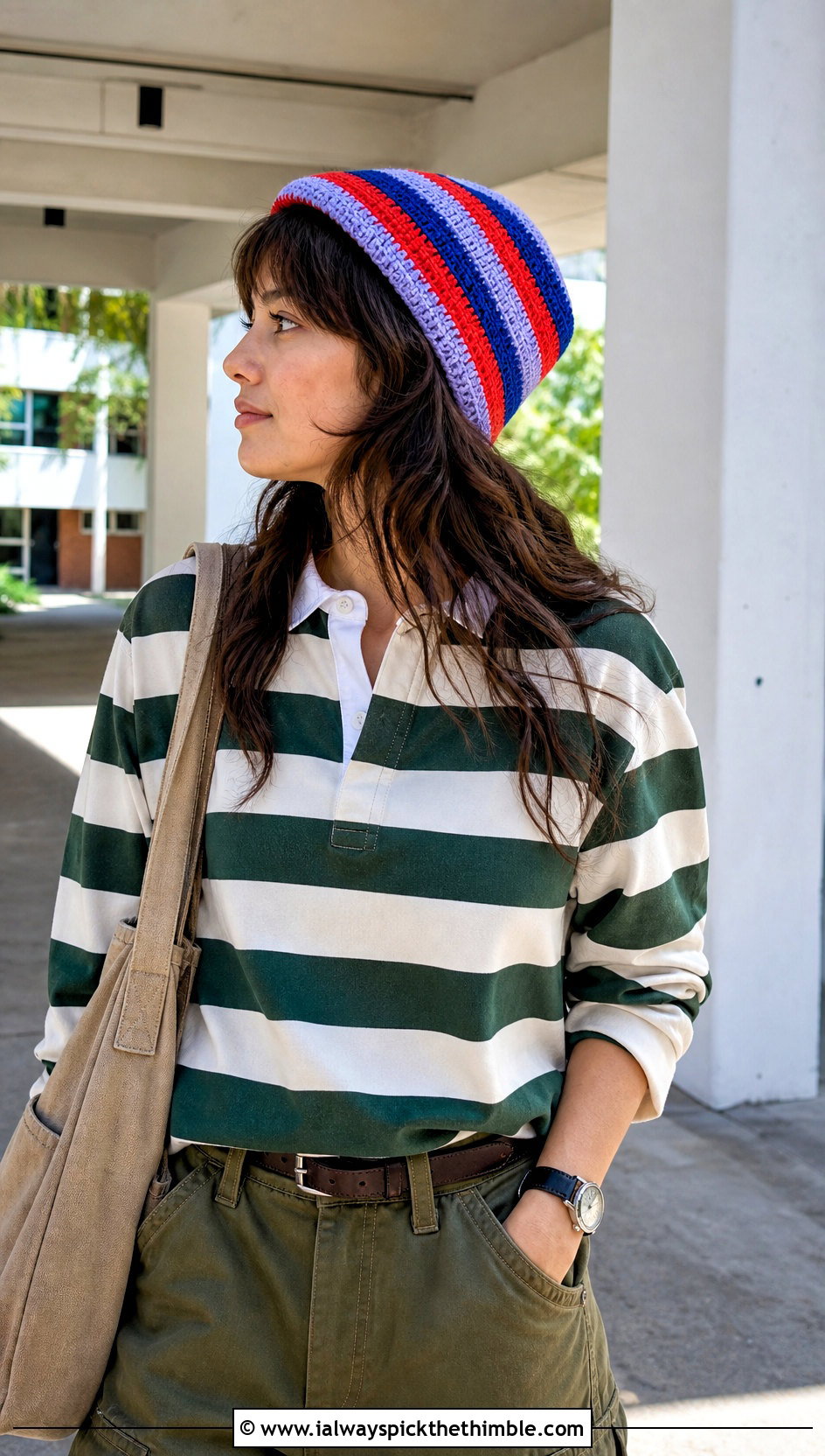 Striped Crochet Beanie With Rugby Shirt And Cargo Pants - 20 Boho Crochet Beanie outfit ideas