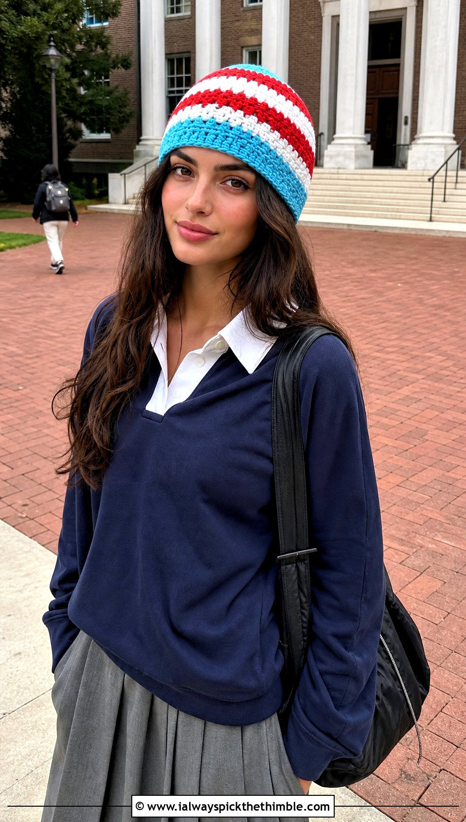 Striped Crochet Beanie With Rugby Shirt - 15 Womens Crochet Beanie outfit ideas