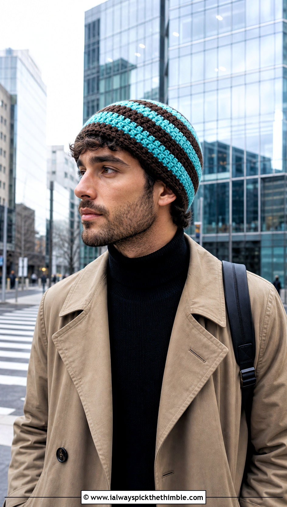 Striped Crochet Beanie With Trench Coat - 20 crochet for men's beanies outfit ideas