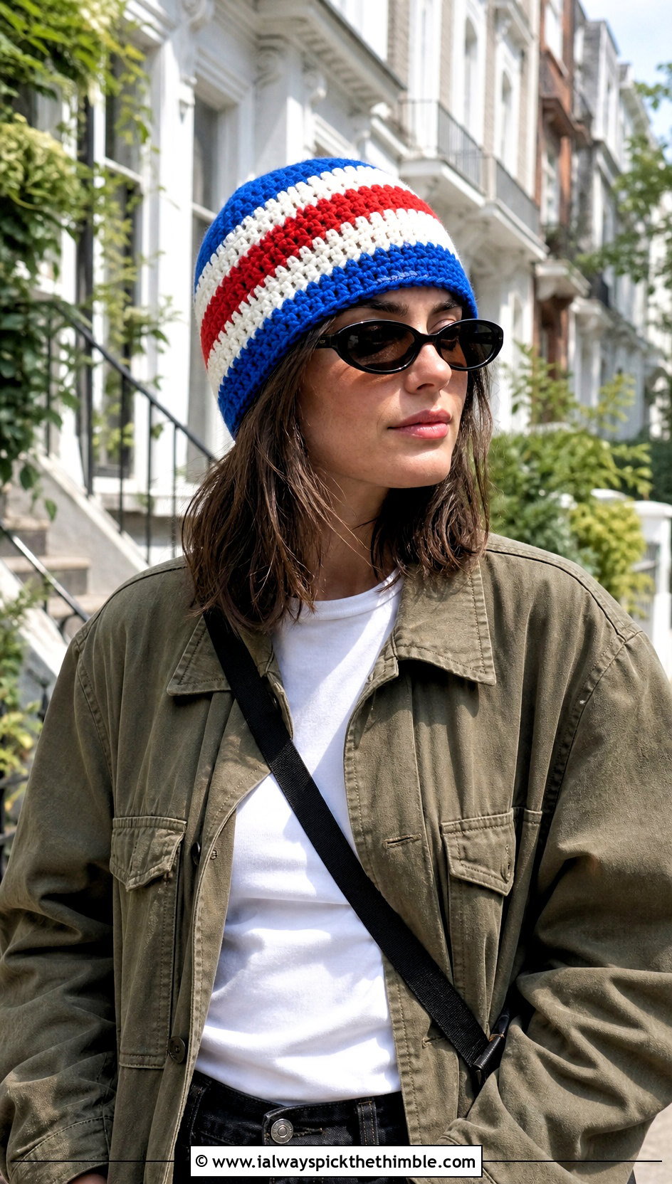 Striped Crochet Beanie With Utility Jacket And Black Jeans - 20 Fun Crochet Beanie outfit ideas