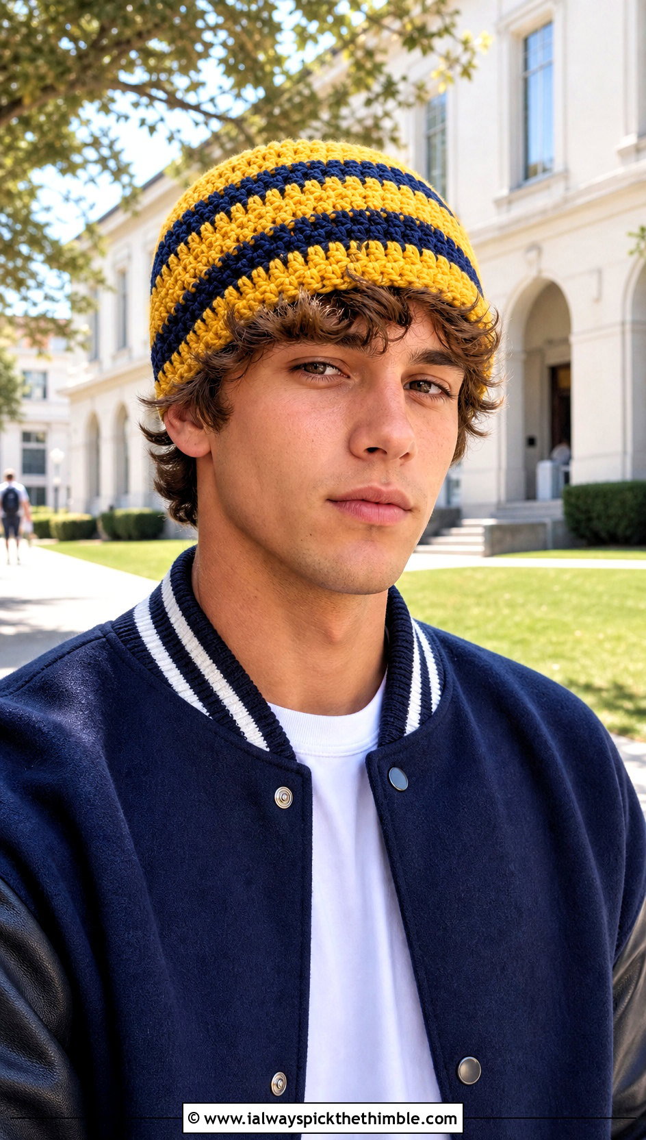 Striped Crochet Beanie With Varsity Jacket - 20 easy men's crochet beanie outfit ideas