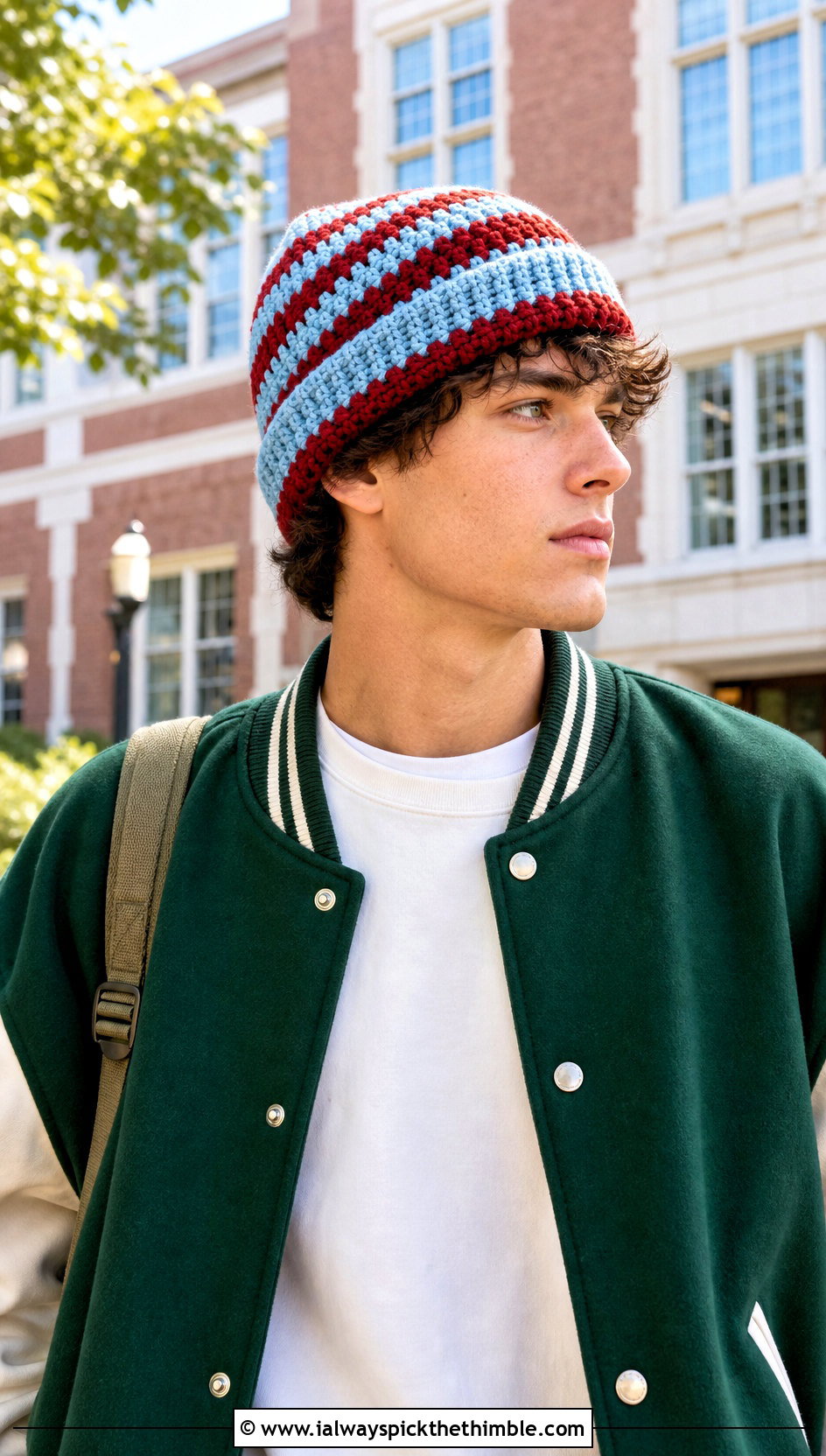 Striped Crochet Beanie With Varsity Jacket - 20 male crochet hat outfit ideas