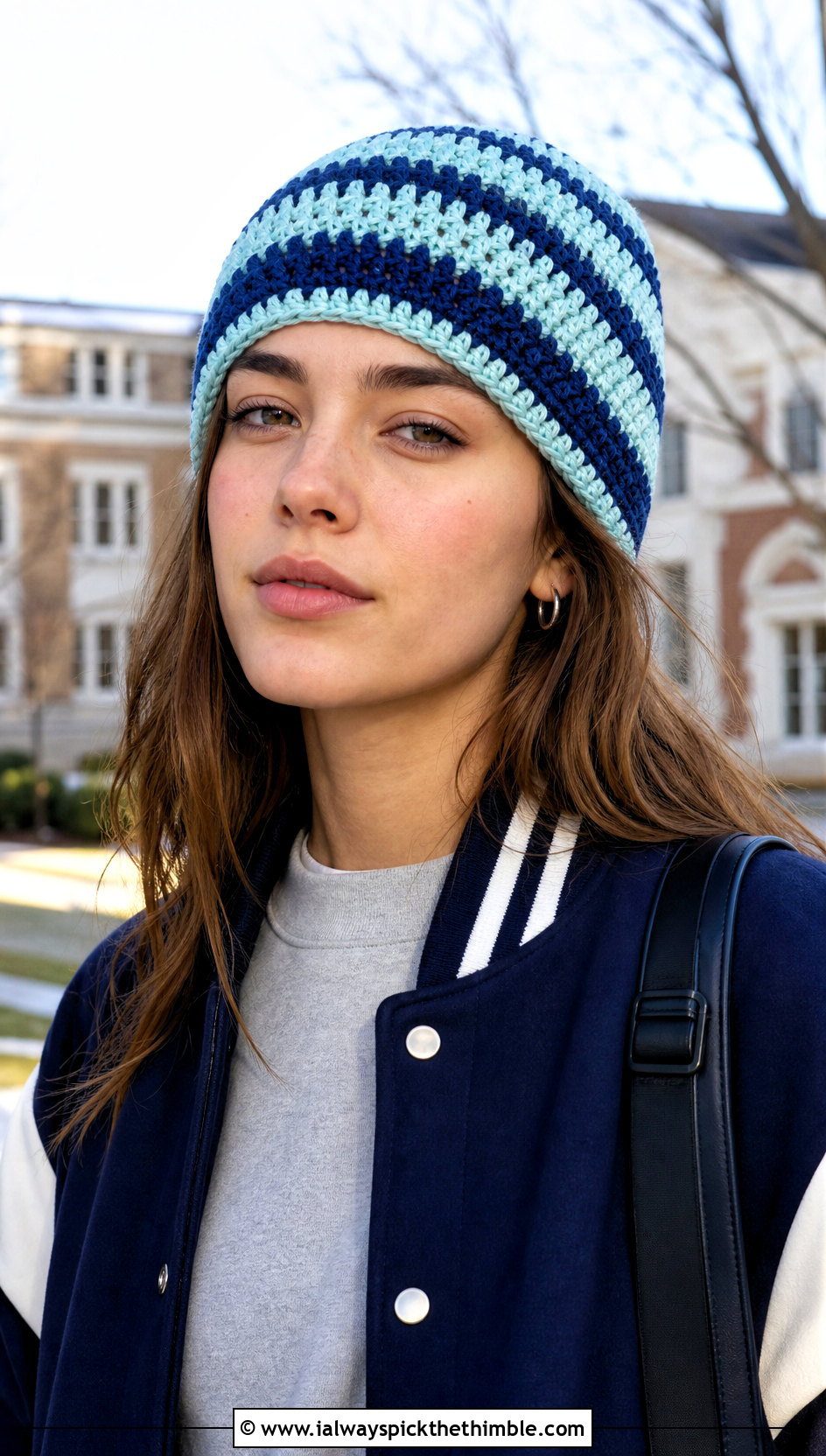 Striped Crochet Beanie With Varsity Jacket - 20 Quick Crochet Beanie outfit ideas