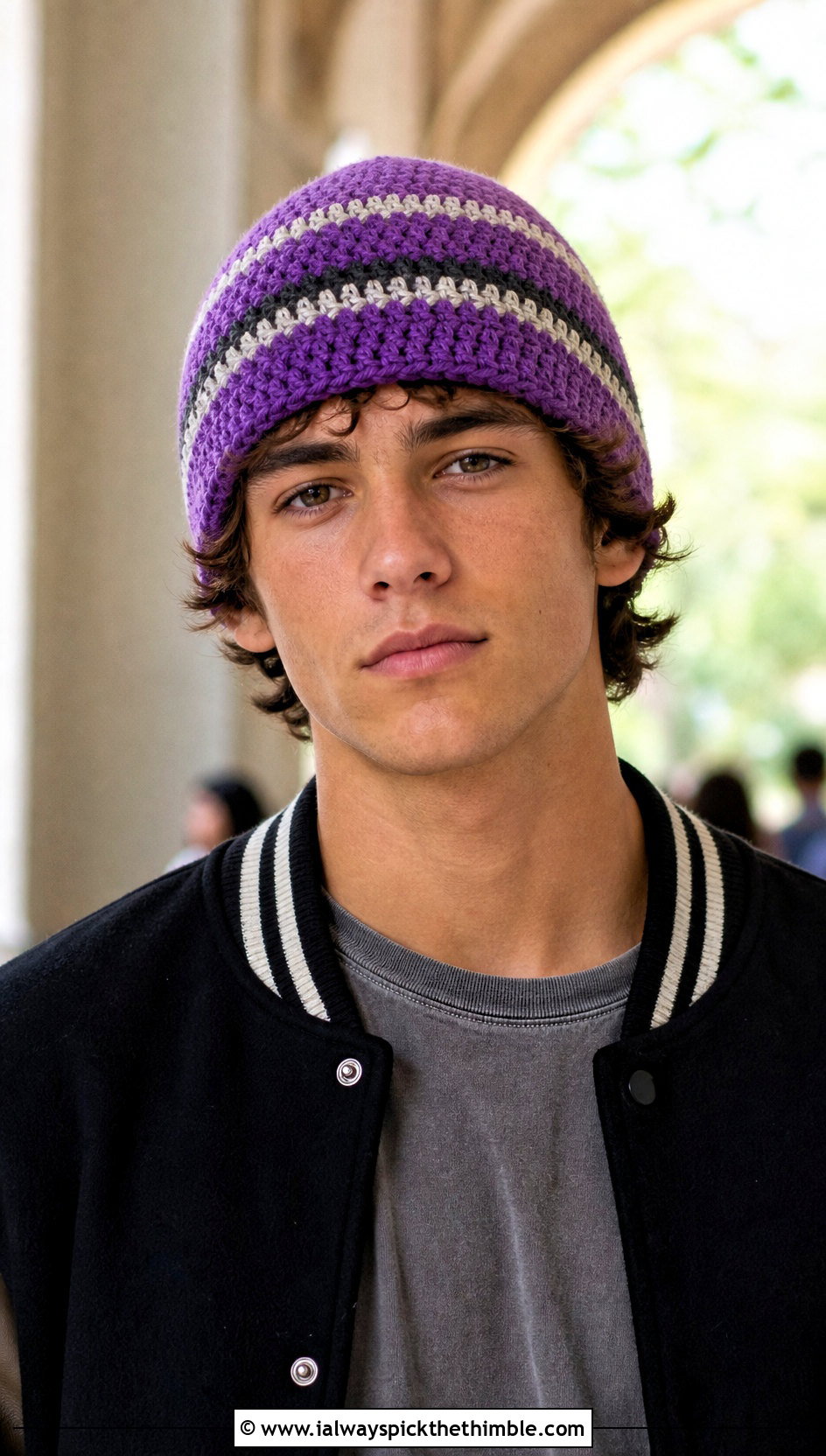 Striped Crochet Beanie With Varsity Jacket - 25 Men Crochet Beanie outfit ideas