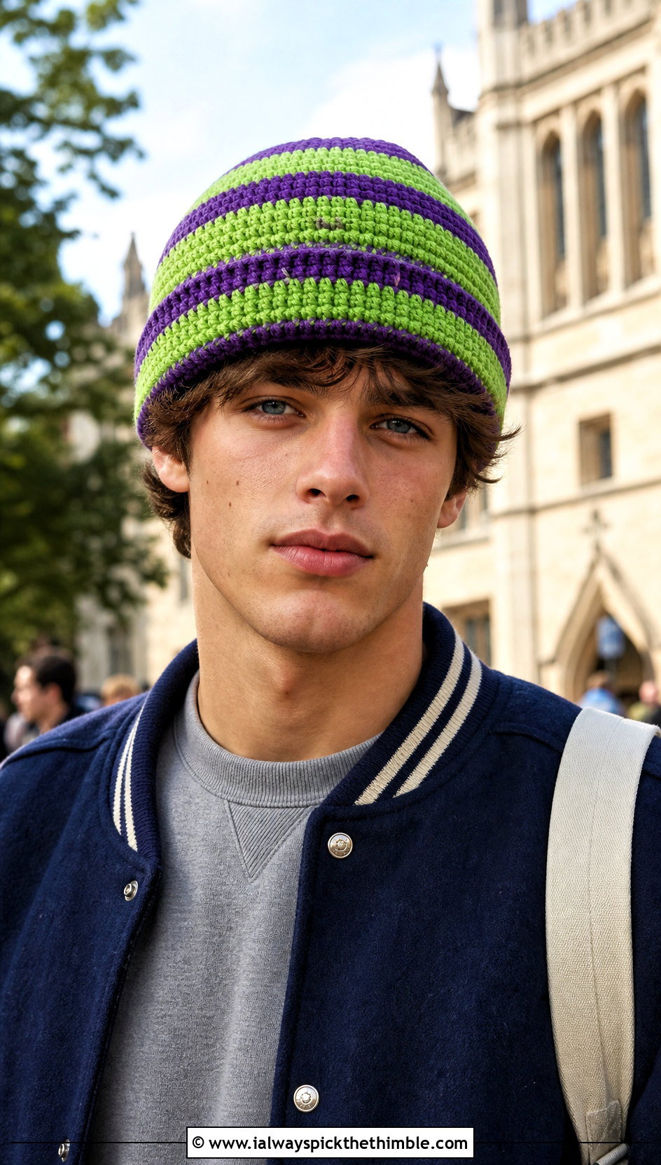 Striped Crochet Beanie With Varsity Jacket - 25 mens crochet beanie outfit ideas