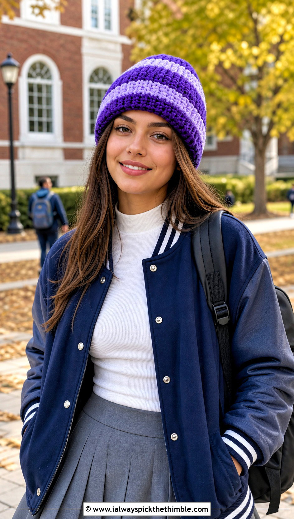 Striped Crochet Beanie With Varsity Jacket And Pleated Skirt - 20 bulky yarn crochet beanie outfit ideas
