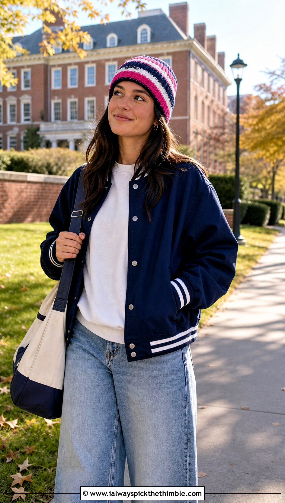 Striped Crochet Beanie With Varsity Jacket And Wide Leg Jeans - 25 easy crochet beanie womens outfit ideas