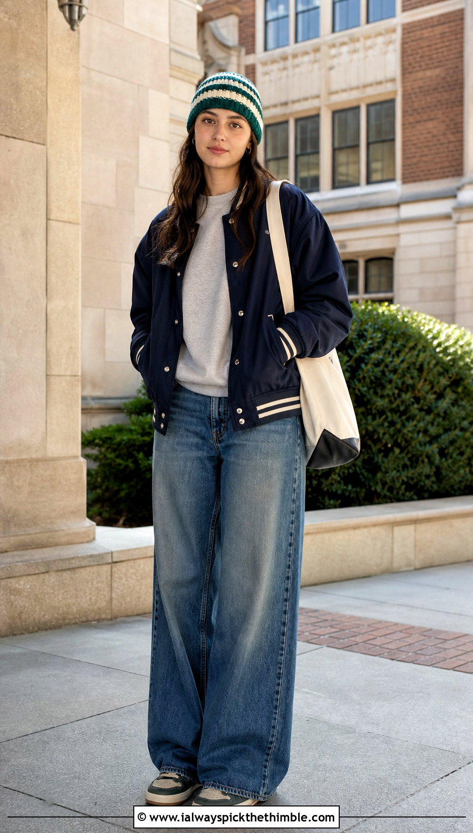 Striped Crochet Beanie With Varsity Jacket And Wide Leg Jeans - 25 simple crochet beanie outfit ideas