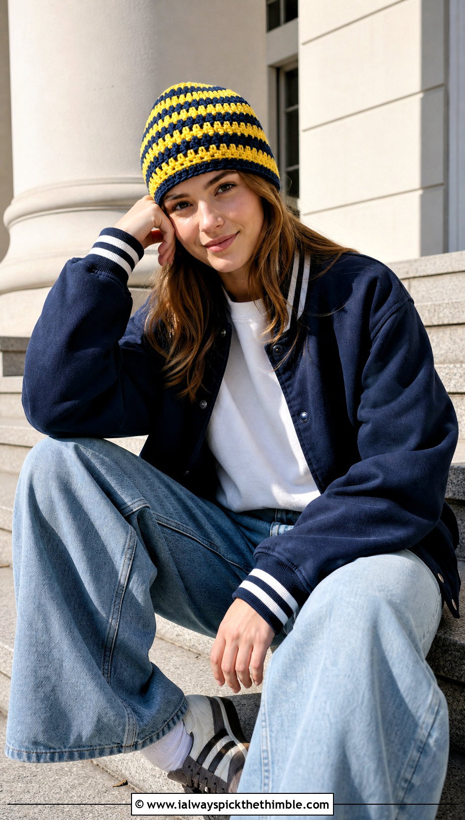 Striped Crochet Beanie With Varsity Jacket And Wide Leg Jeans - 25 basic crochet beanie outfit ideas