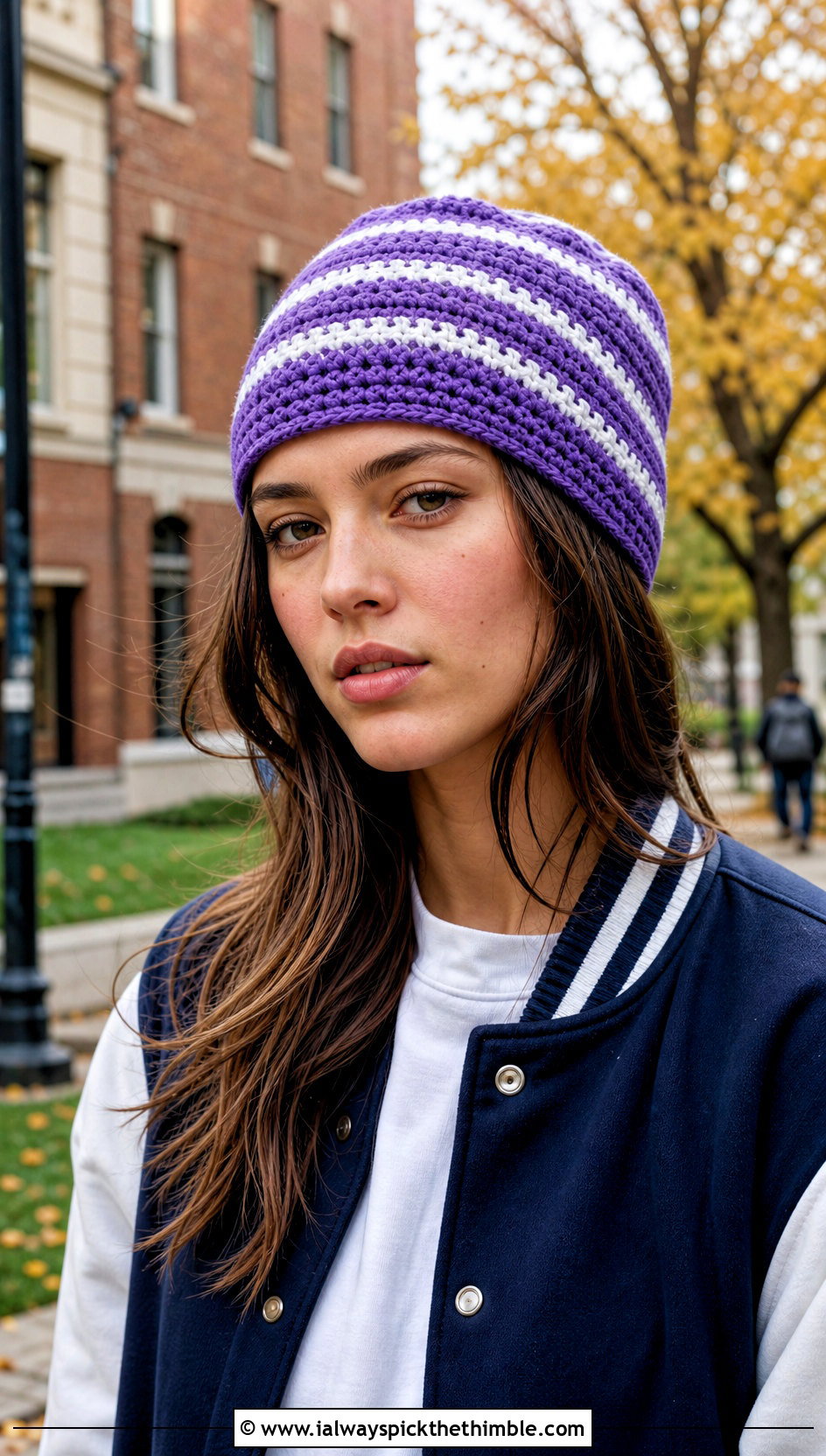 Striped Crochet Beanie With Varsity Jacket - 15 cool crochet beanie outfit ideas