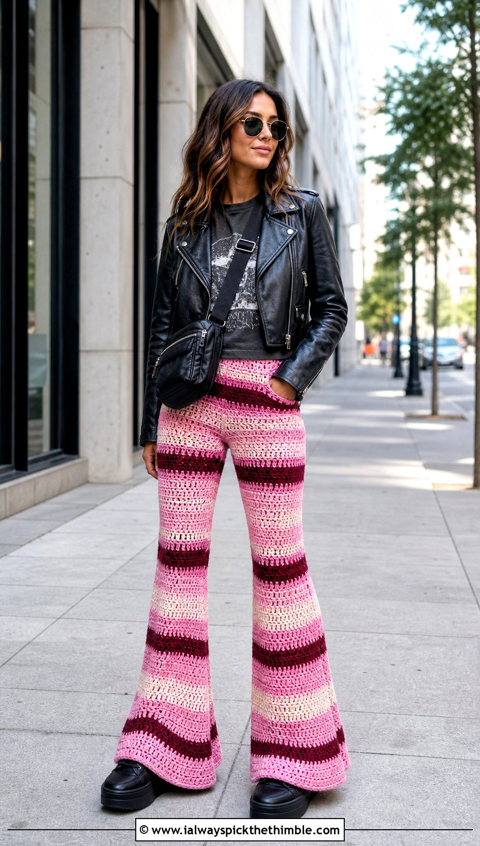 Striped Crochet Bell Bottom Pants With Graphic Tee - 15 crochet bell bottom pants outfit ideas