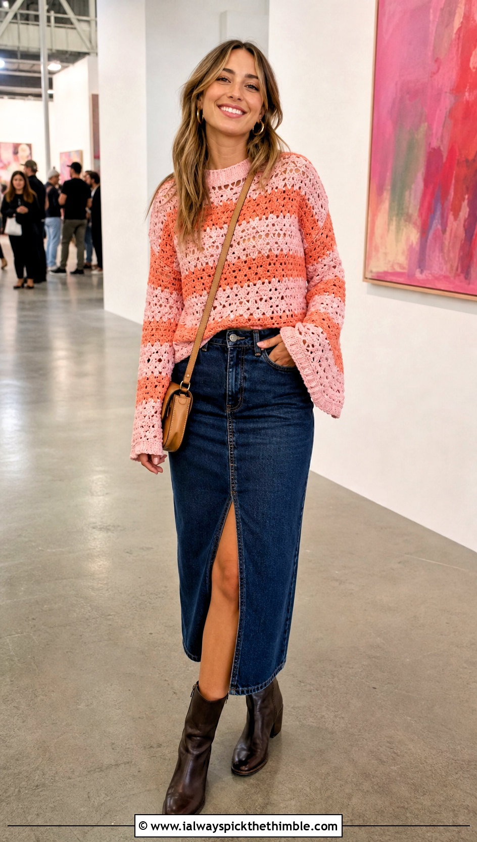 Striped Crochet Bell Sleeve Sweater With Denim Midi Skirt - 20 crochet bell sleeve sweater outfit ideas