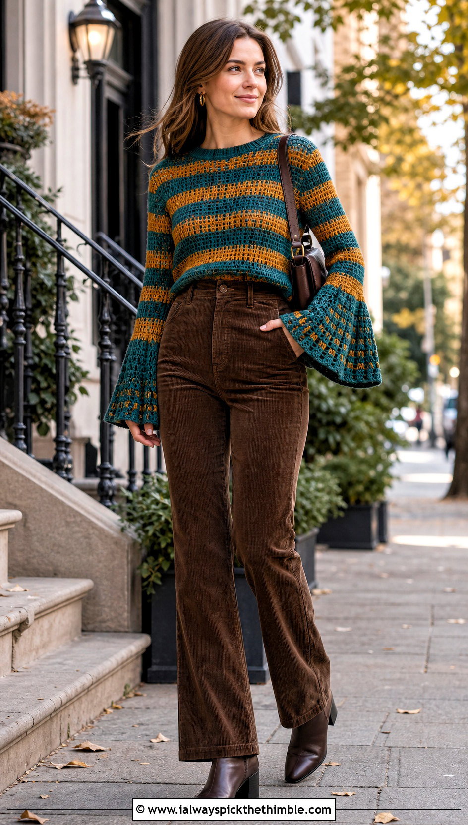 Striped Crochet Bell Sleeve Top With Corduroy Pants - 25 striped crochet top outfit ideas