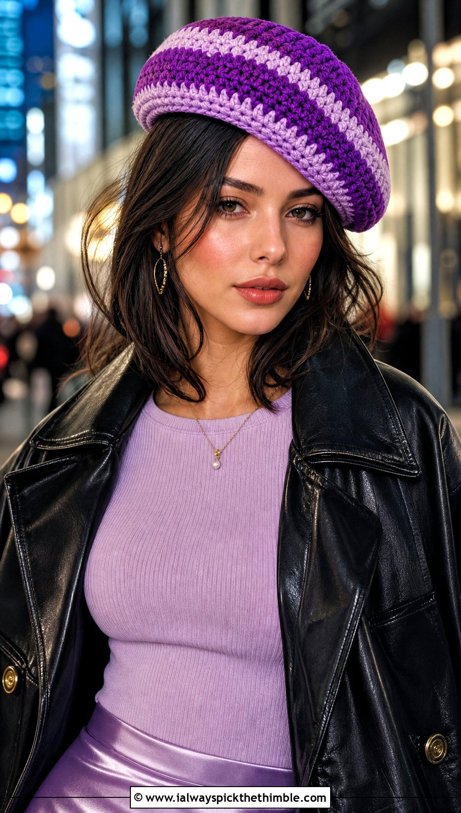 Striped Crochet Beret With Leather Jacket And Slip Skirt - 20 striped crochet hat outfit ideas