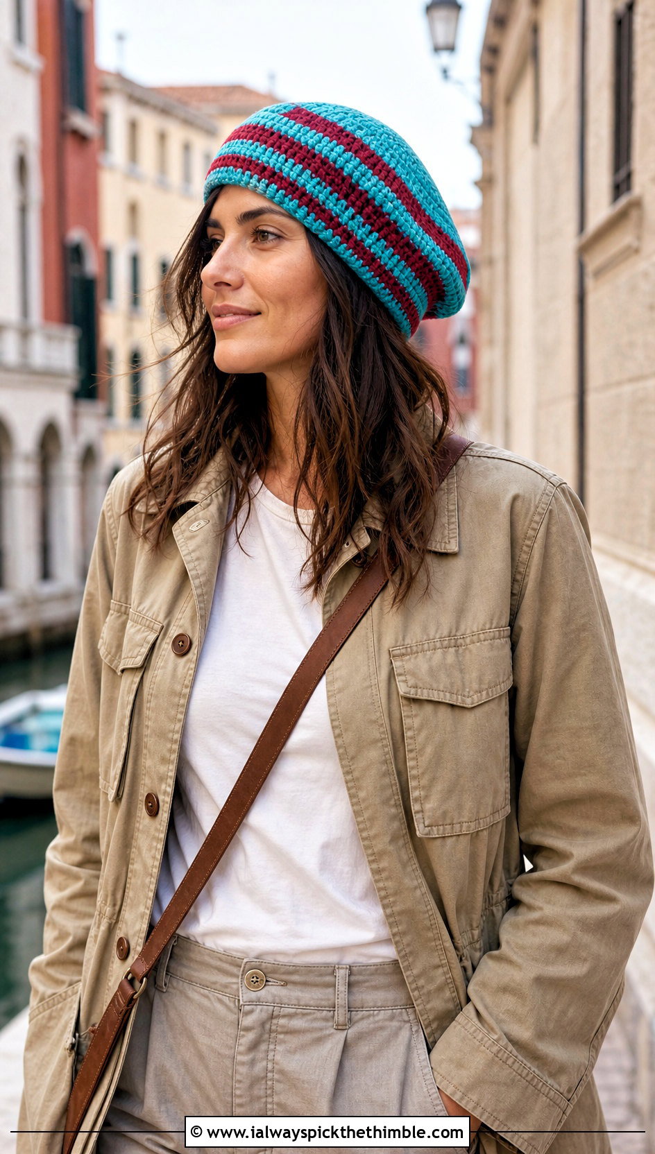 Striped Crochet Beret With Utility Jacket And Chinos - 15 simple crochet beret outfit ideas