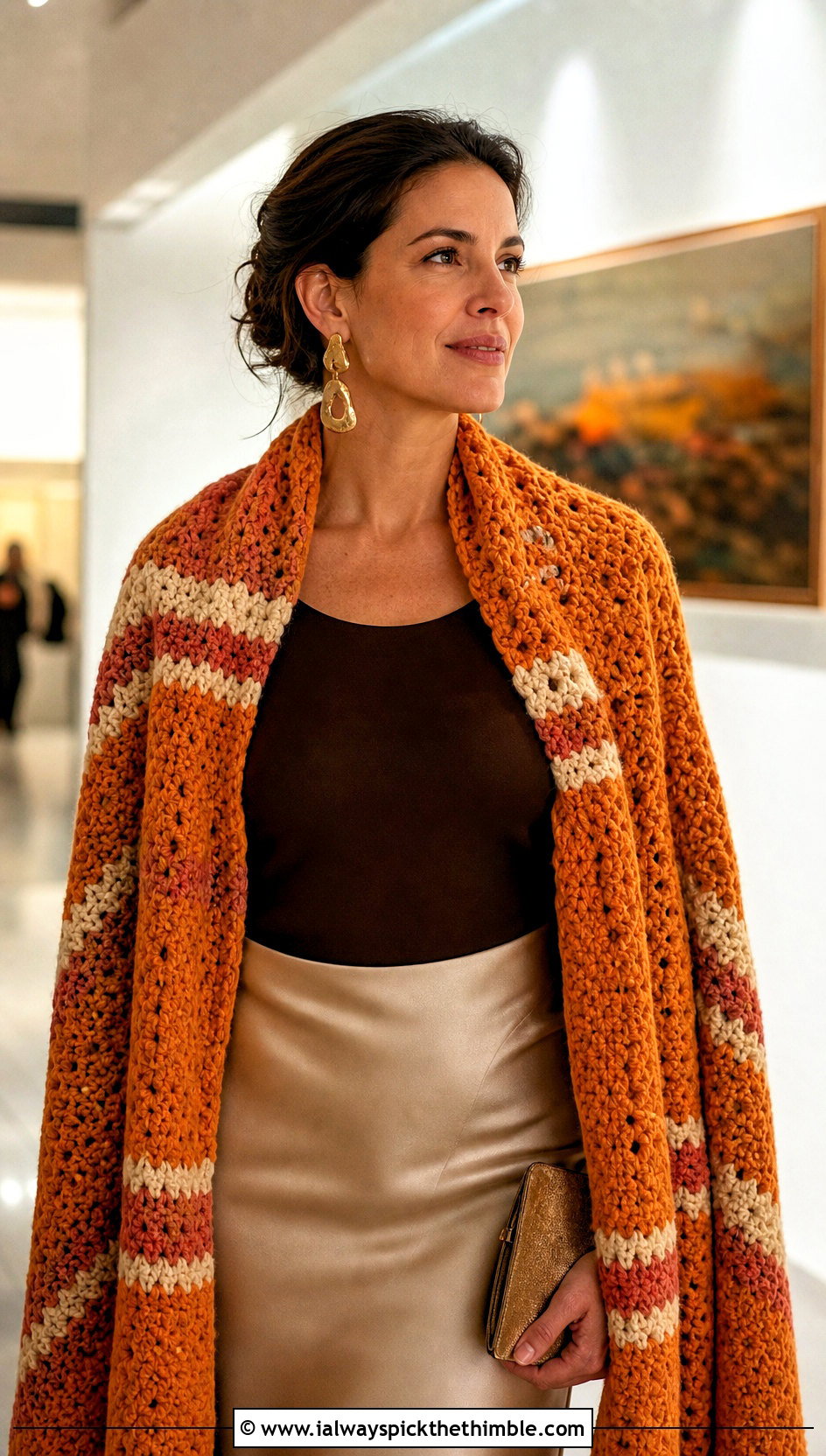 Striped Crochet Blanket Scarf With Satin Midi Skirt - 25 crochet blanket scarf outfit ideas