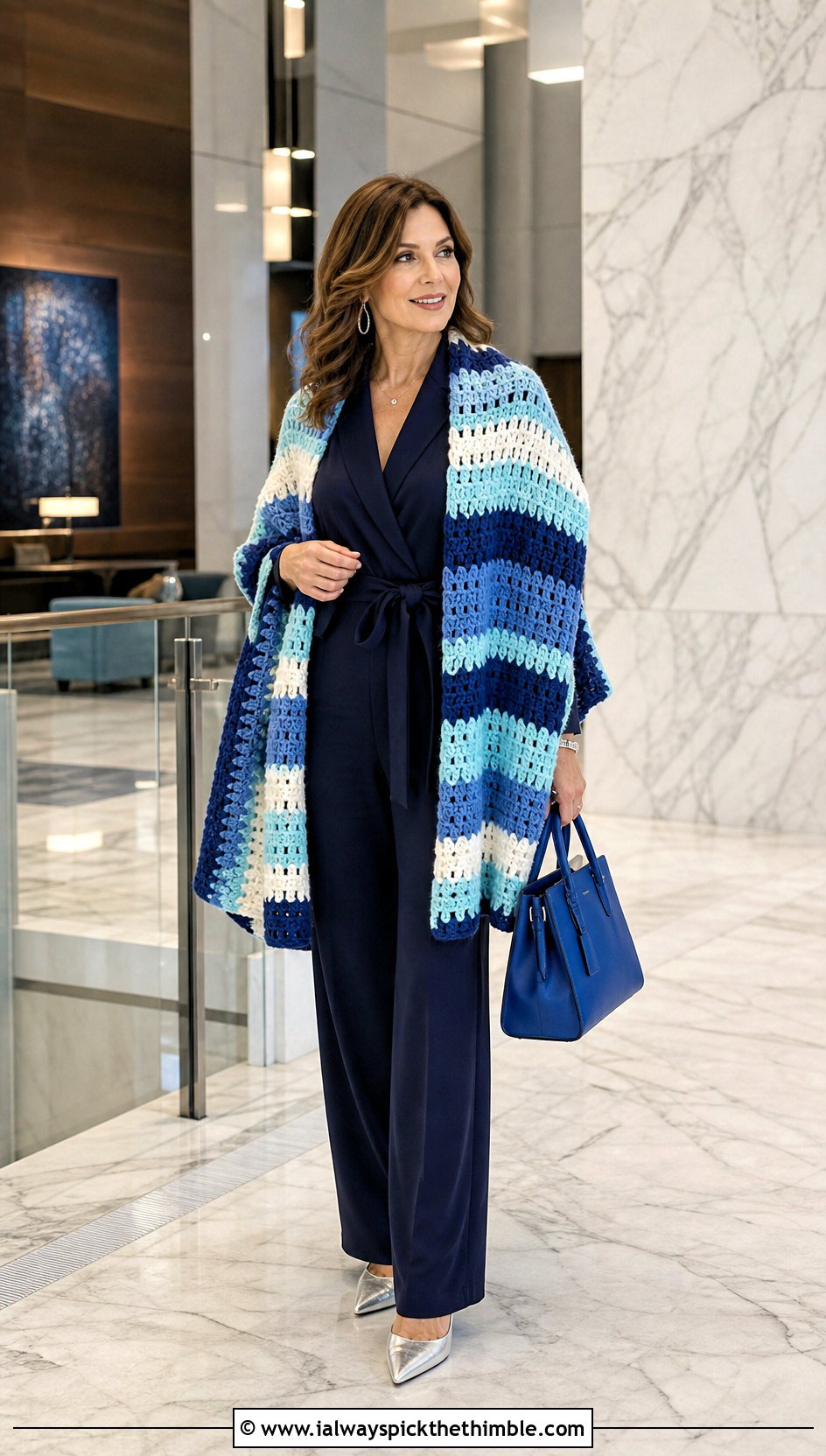 Striped Crochet Blanket Shawl With Monochrome Jumpsuit - 20 crochet blanket shawl outfit ideas