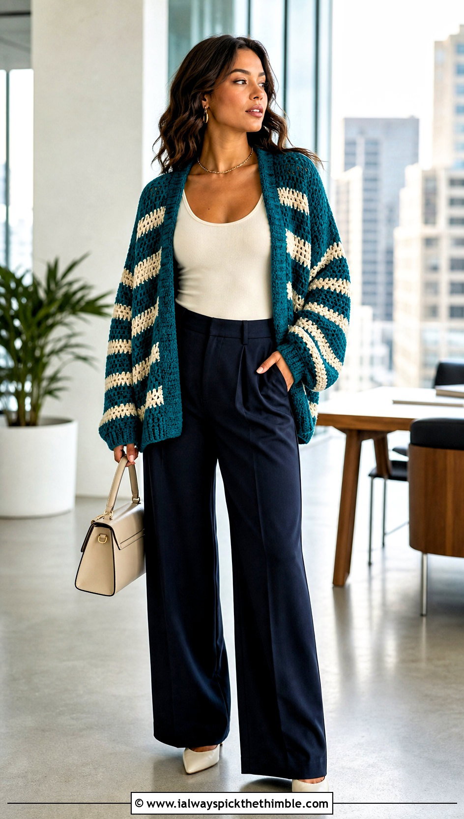 Striped Crochet Blanket Sweater With Wide Leg Trousers - 20 crochet blanket sweater outfit ideas