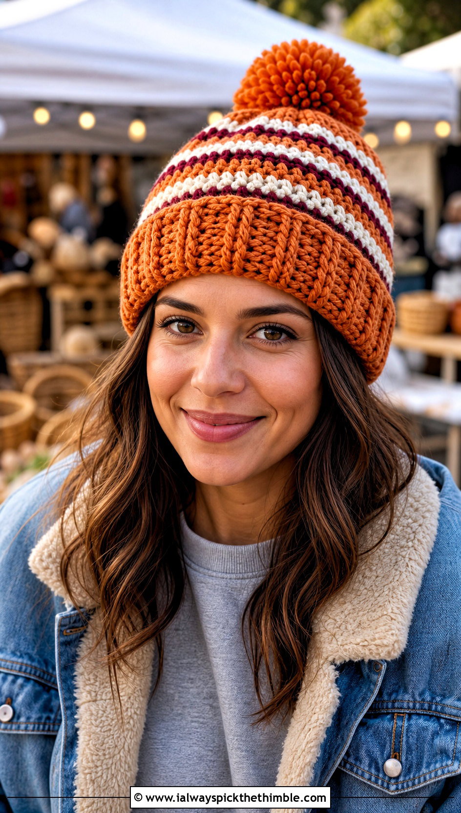 Striped Crochet Bobble Hat With Denim Jacket - 20 crochet bobble hat outfit ideas