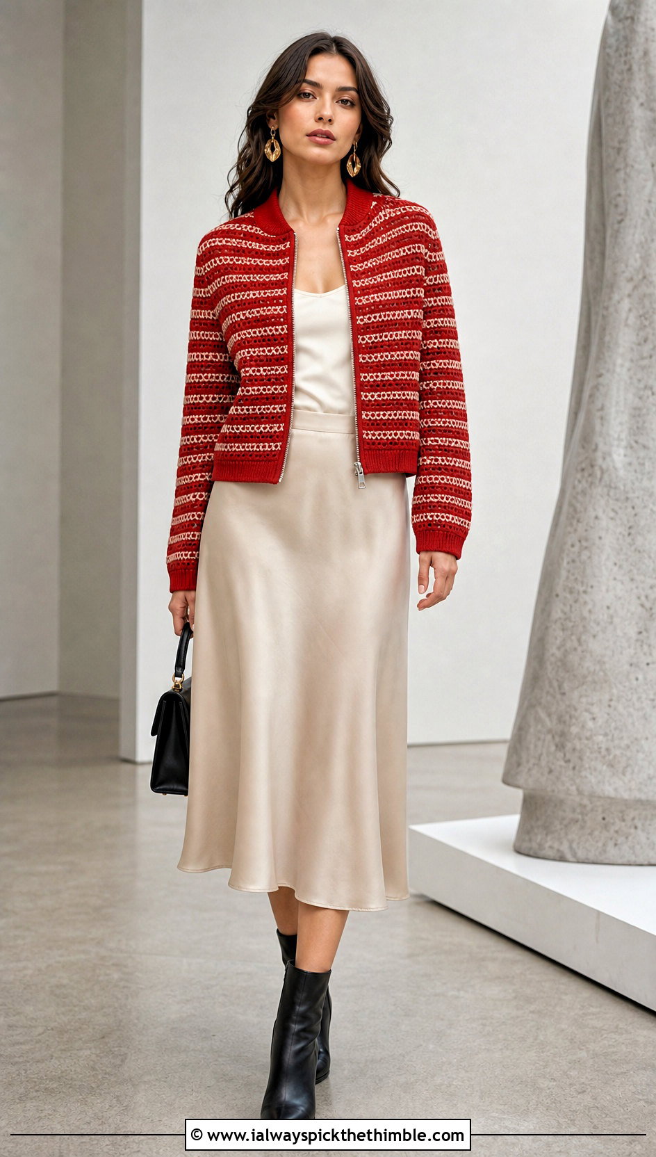 Striped Crochet Bomber Jacket With Satin Midi Skirt - 20 crochet jacket with zipper outfit ideas