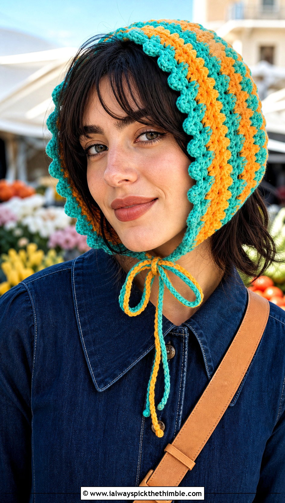Striped Crochet Bonnet With Denim Dress And Ankle Boots - 20 striped crochet hat outfit ideas